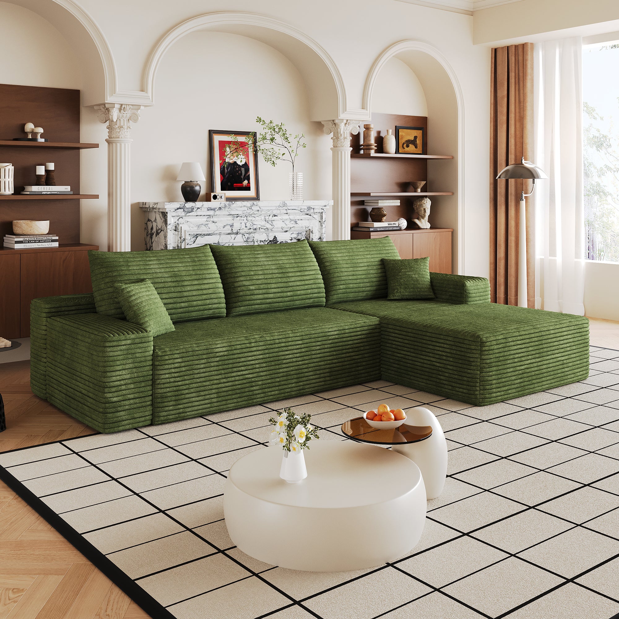 Green corduroy sectional couch 107 inch deep seat, angled view
