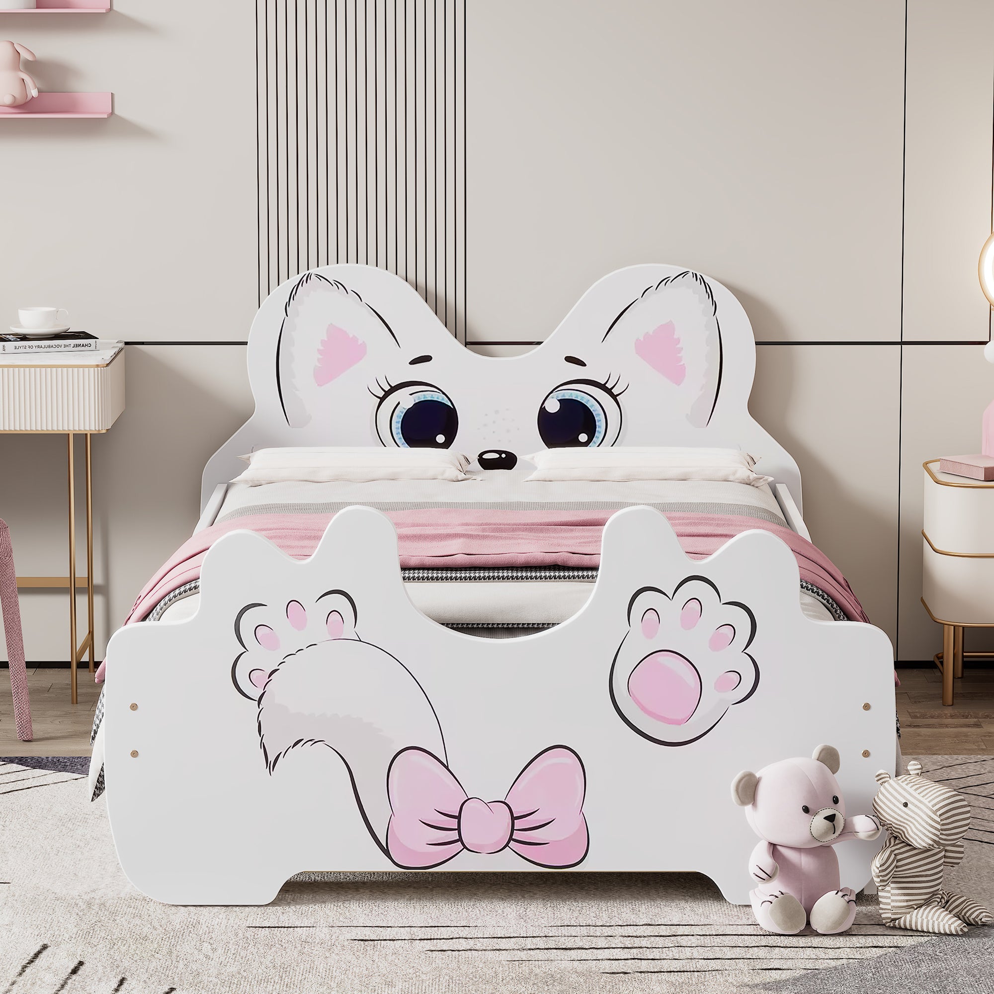 Cartoon Twin Size Platform Bed with Trundle, White