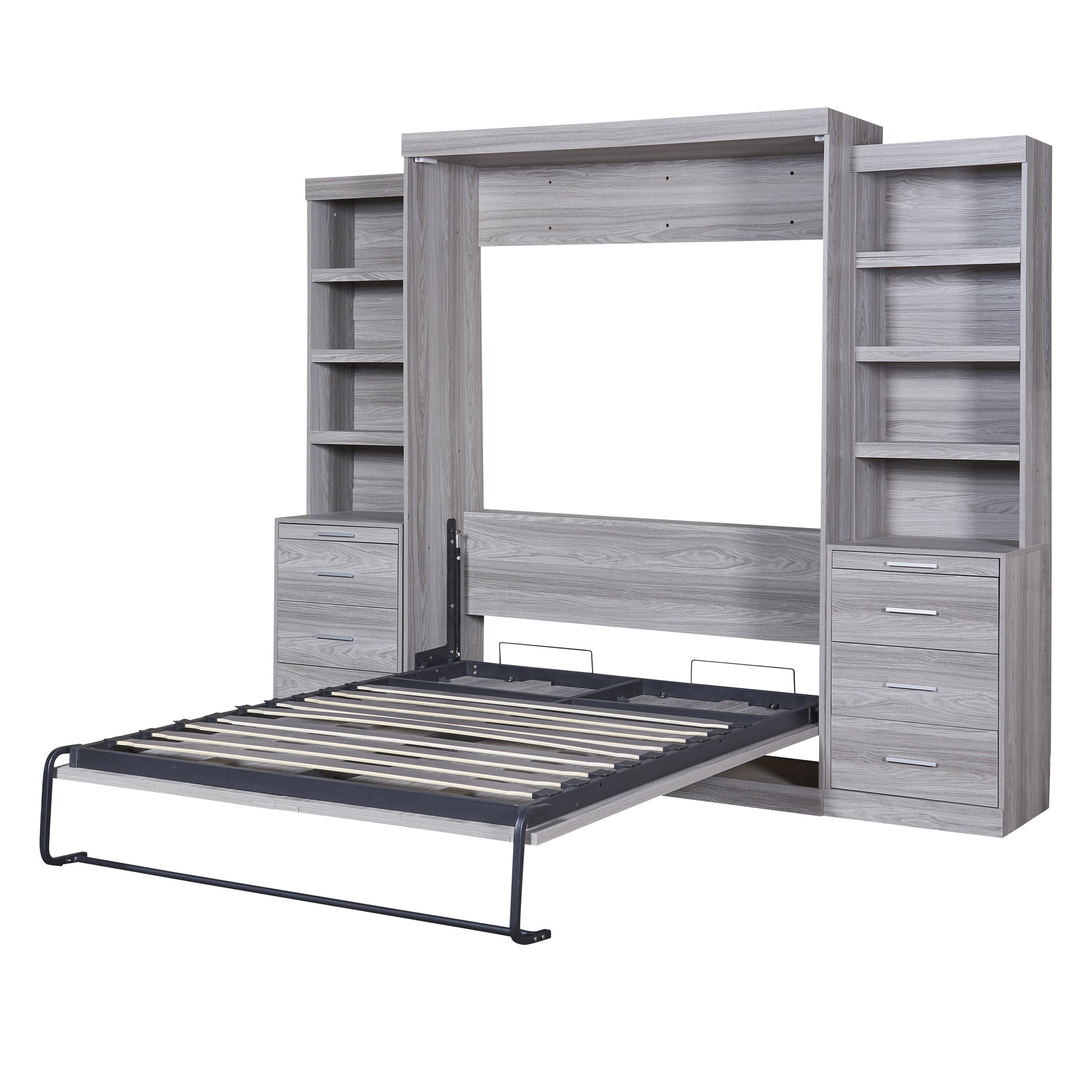 Full Size Murphy Bed with Storage Shelves and Drawers, Gray