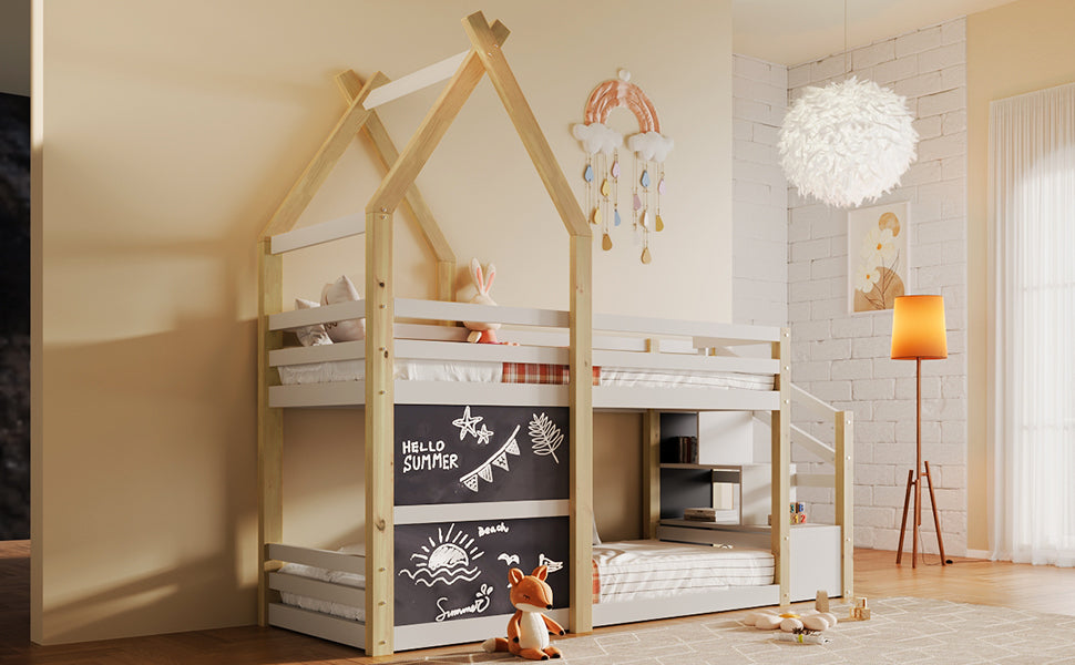 Twin over Twin House Bunk Bed with White Storage Staircase and 2 Blackboards, White and Natural