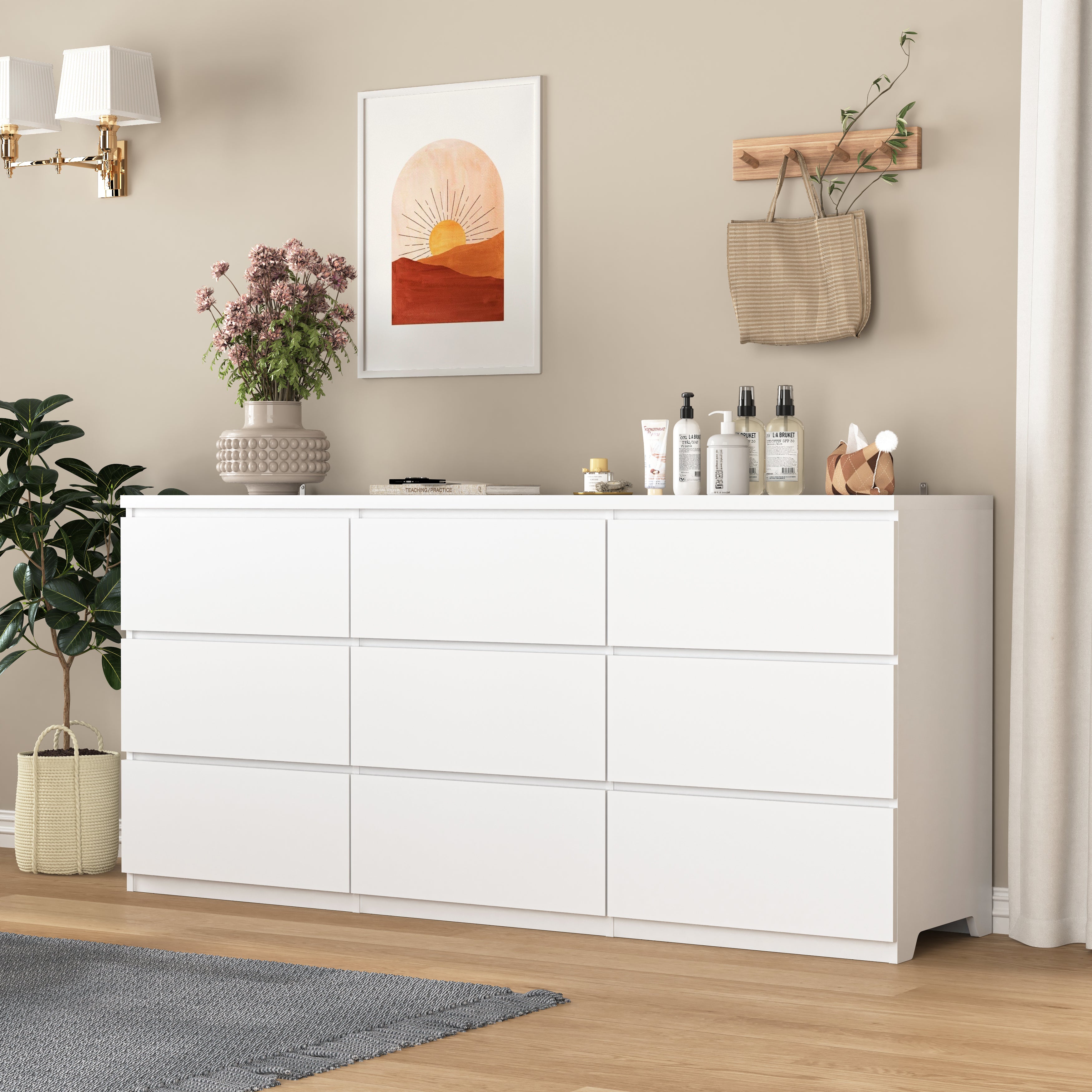 White matte wood dresser, 9 drawers close-up finish detail