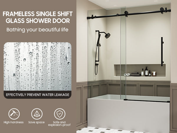 Frameless Sliding Glass Shower Doors 60" W x 59"H with 5/16"(8mm) Clear Tempered Glass, Matt Black Finish