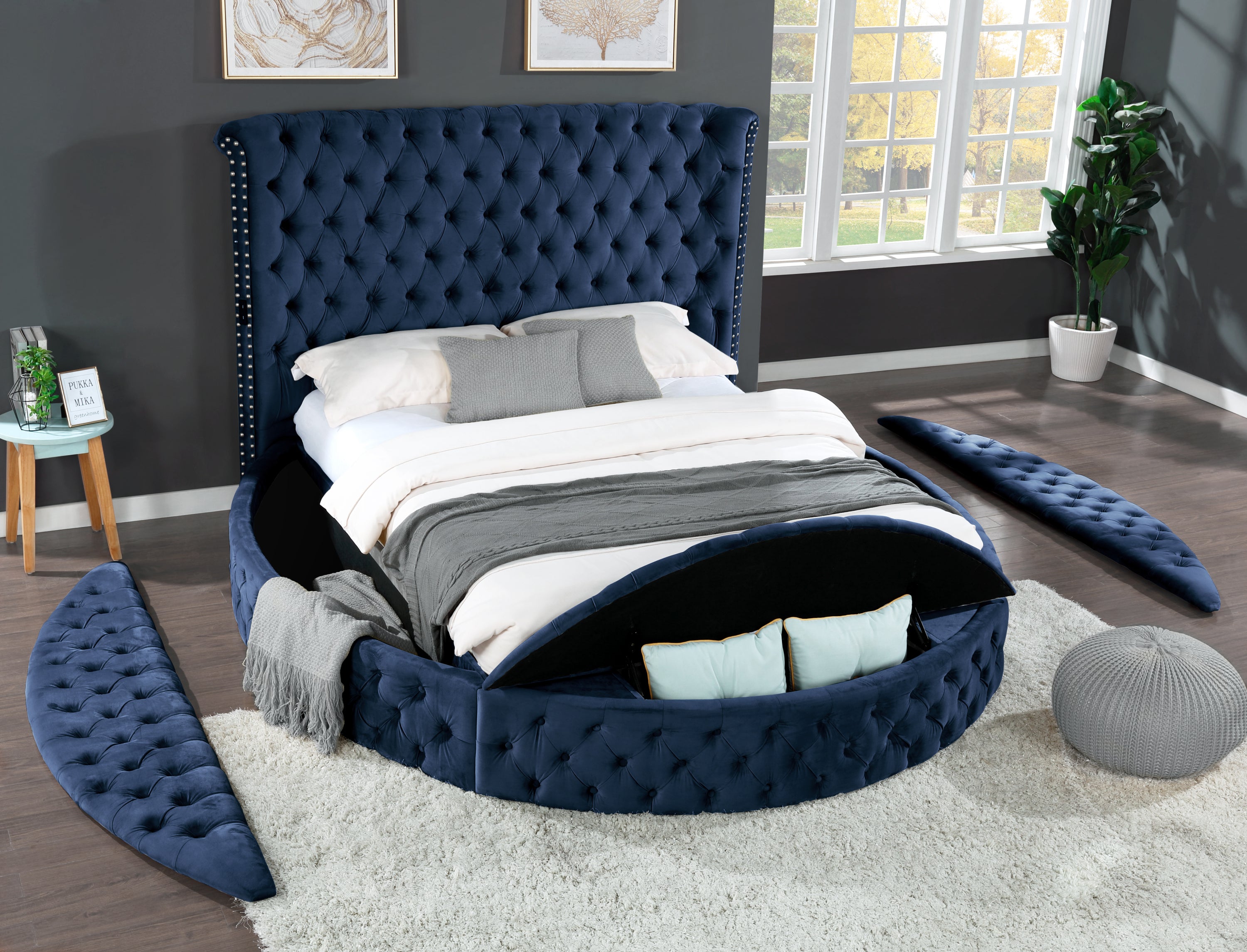 King Size Tufted Storage Bed made with Wood in Blue