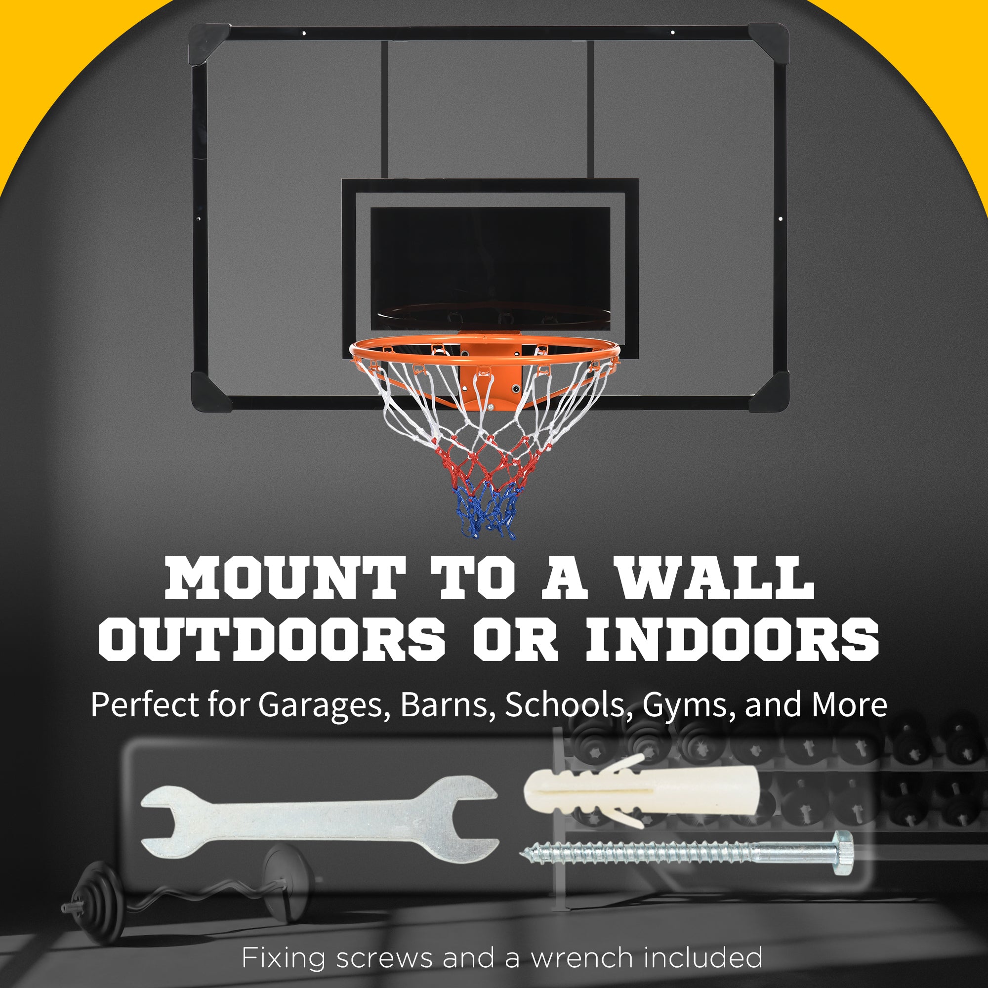 Soozier Wall Mounted Basketball Hoop with 45" x 29" Shatter Proof Backboard, Durable Rim and All-Weather Net for Indoor and Outdoor Use