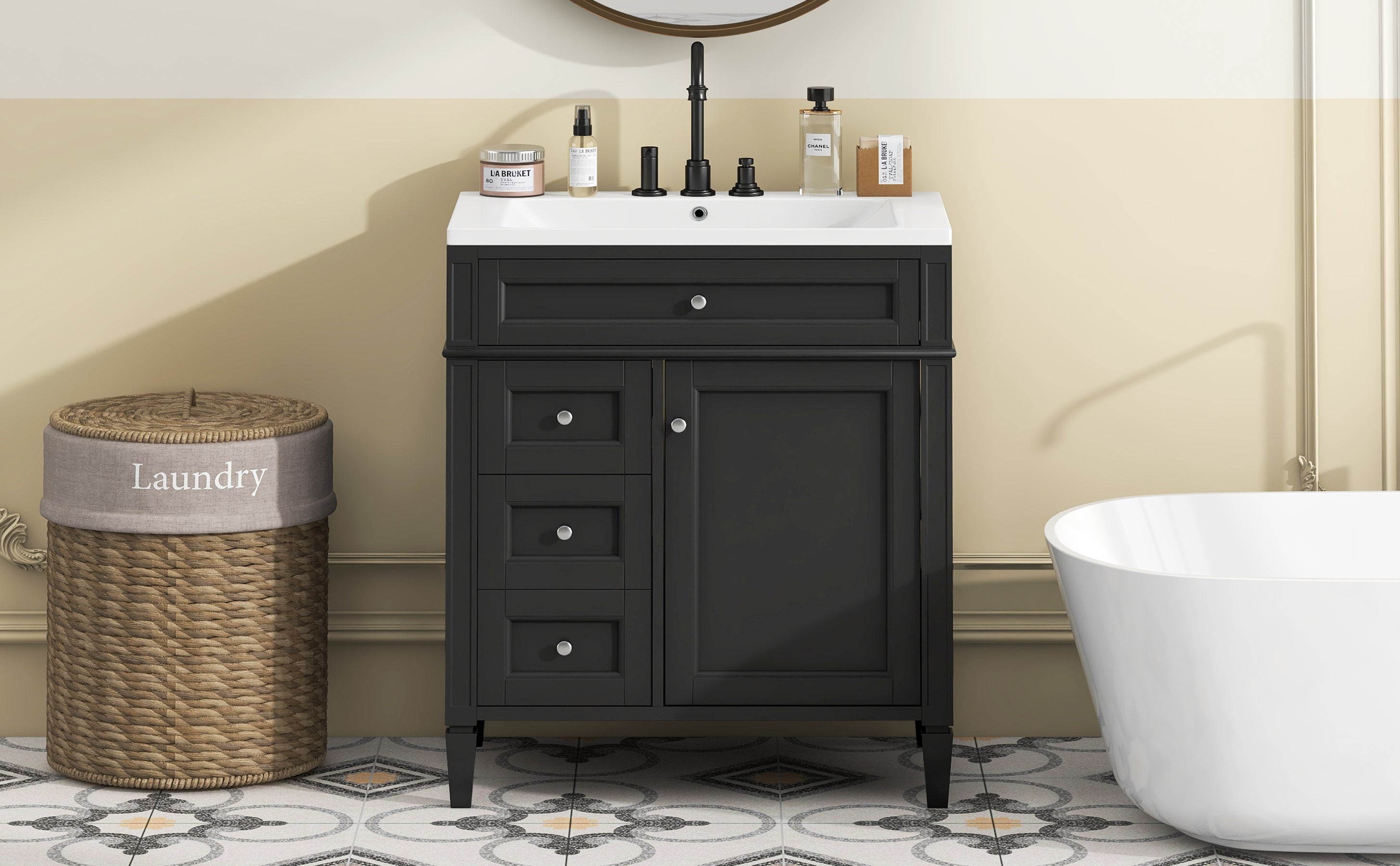 30'' Bathroom Vanity with Top Sink, Modern Bathroom Storage Cabinet with 2 Drawers and a Tip-out Drawer, Single Sink Bathroom Vanity