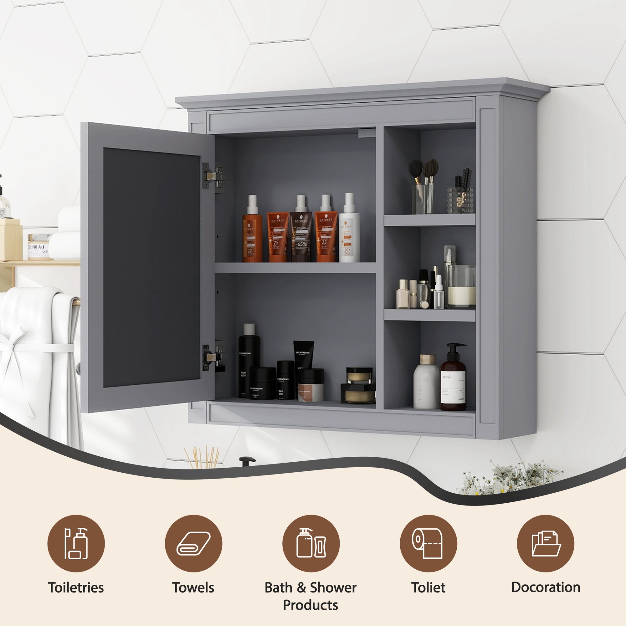 Modern mirrored bathroom wall cabinet, open door view