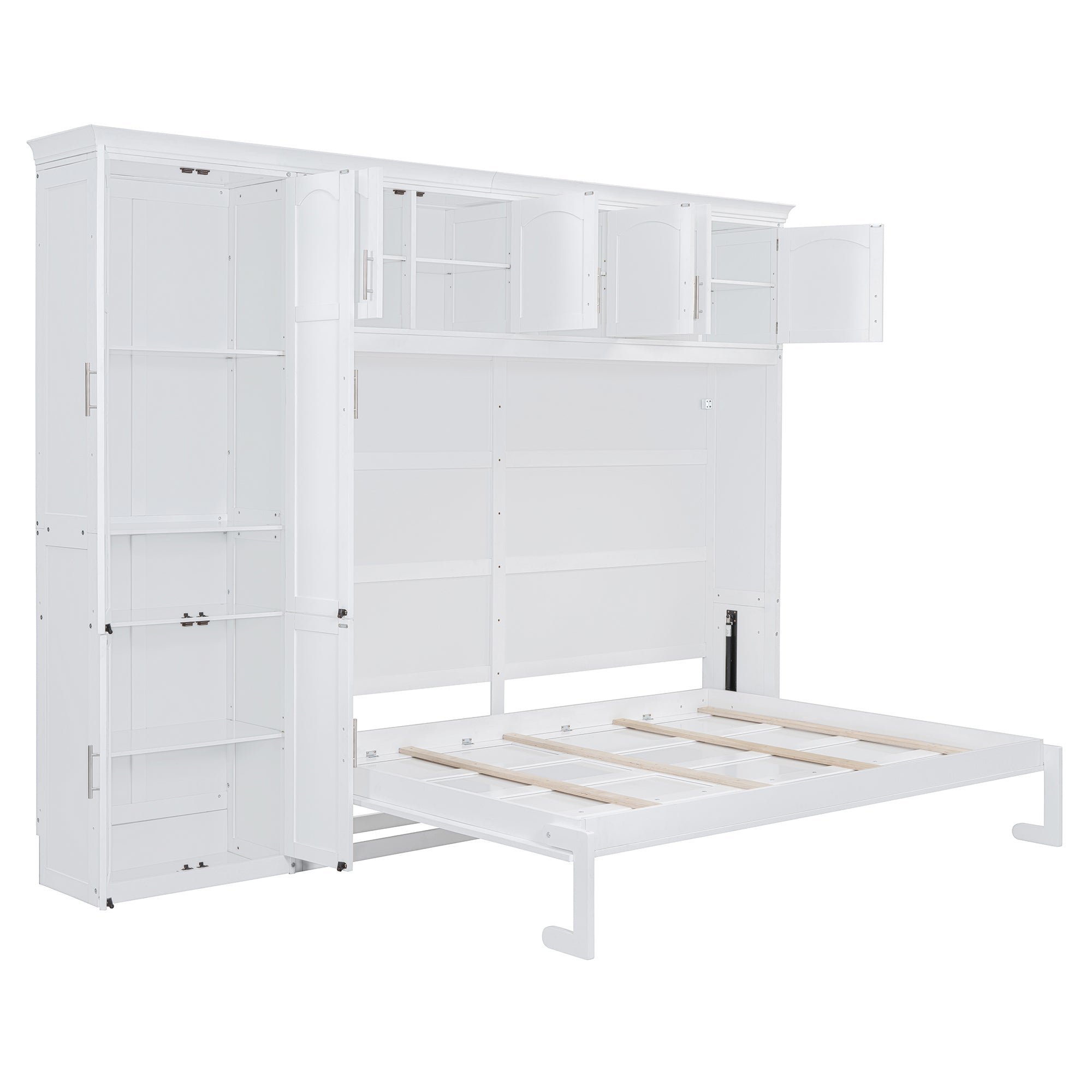 Queen Size Murphy Bed Wall Bed with Cabinets,White