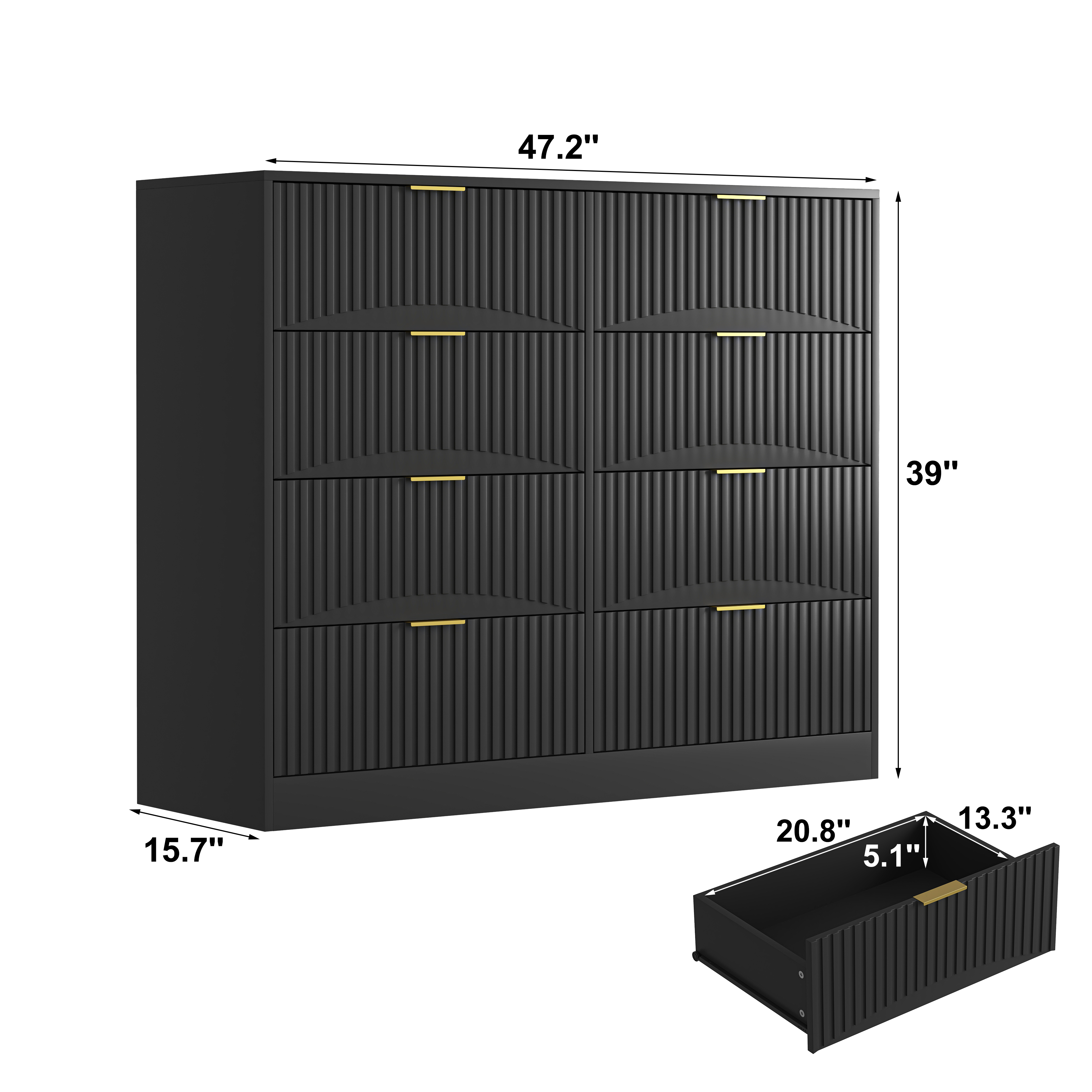 Black modern 8-drawer wood dresser with gold handles, angled detail view