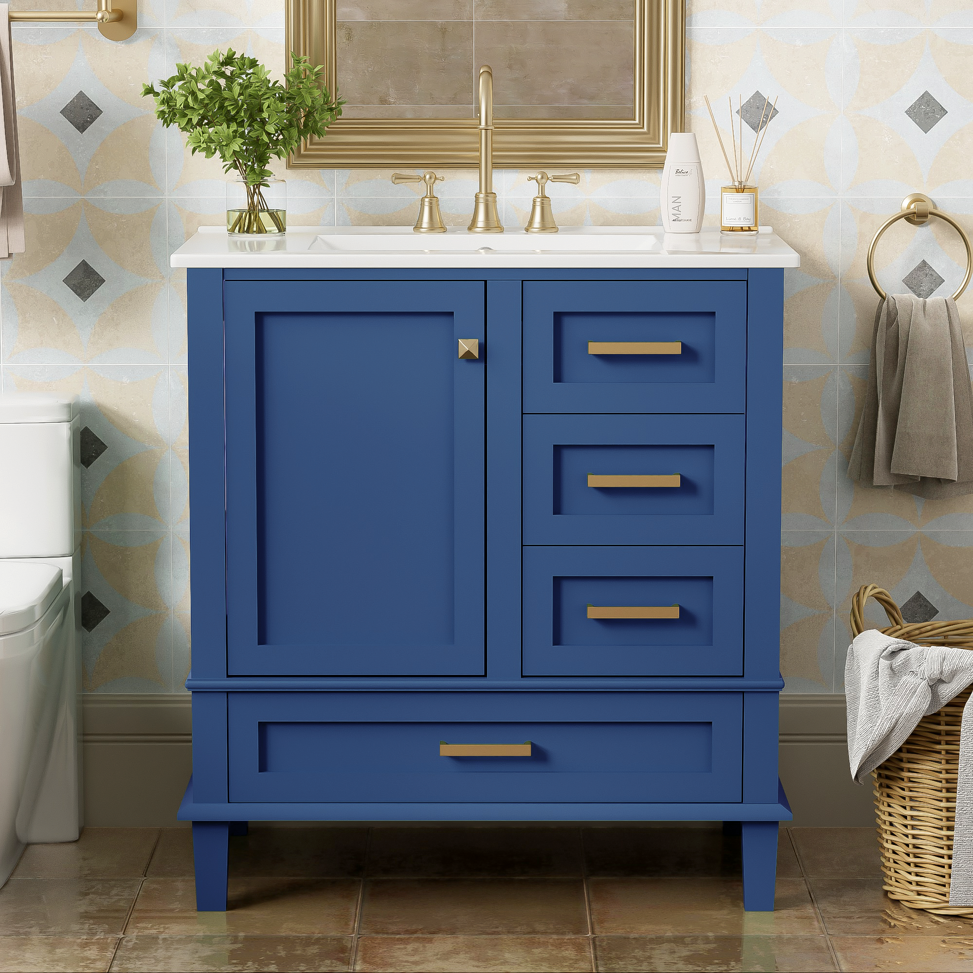 30" Bathroom Vanity , Modern Bathroom Cabinet with Sink Combo Set, Bathroom Storage Cabinet with a Soft Closing Door and 3 Drawers, Solid Wood Frame(Blue)