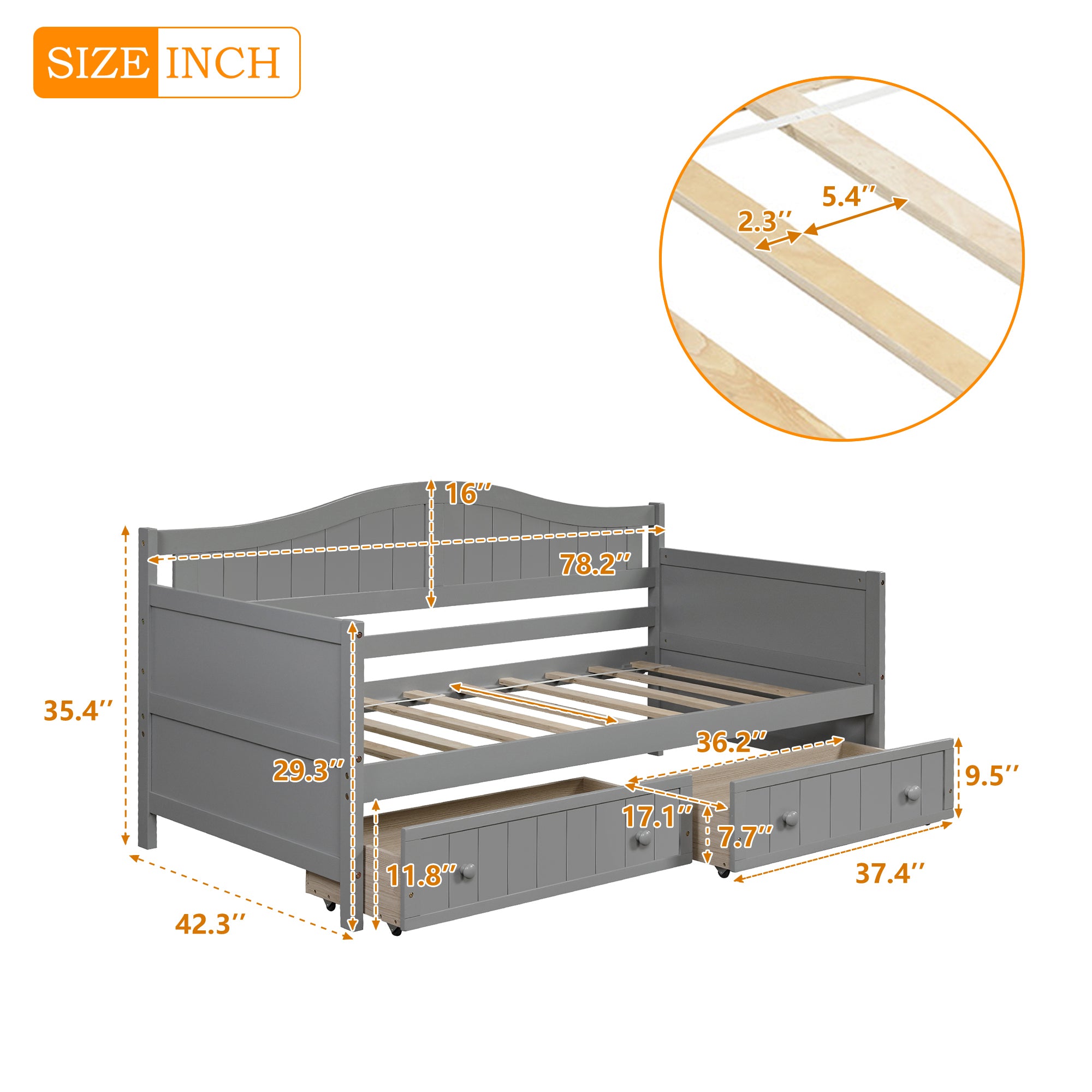 Twin Wooden Daybed with 2 drawers, Sofa Bed for Bedroom Living Room,No Box Spring Needed,Gray