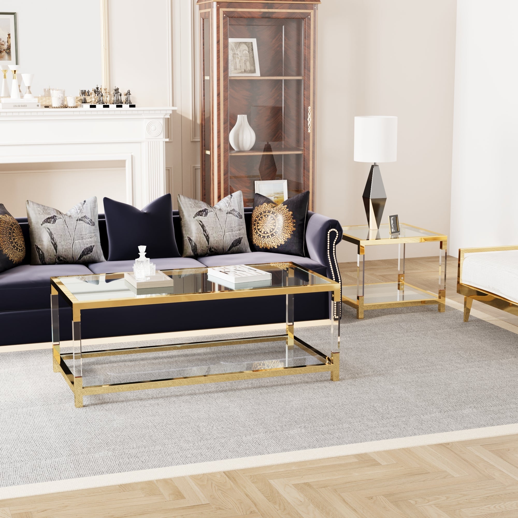 Modern minimalist living room furniture set, stylish transparent acrylic leg coffee table, square edge table, tempered glass face tea table combination gold end table