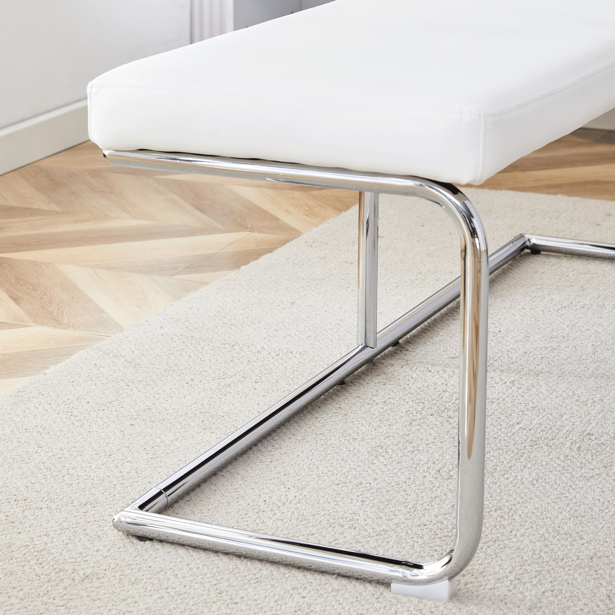 White shoe changing stool, silver metal legs, sofa stool dining chair, suitable for bedroom ,fitting room, storage room, dining room, living room. 005