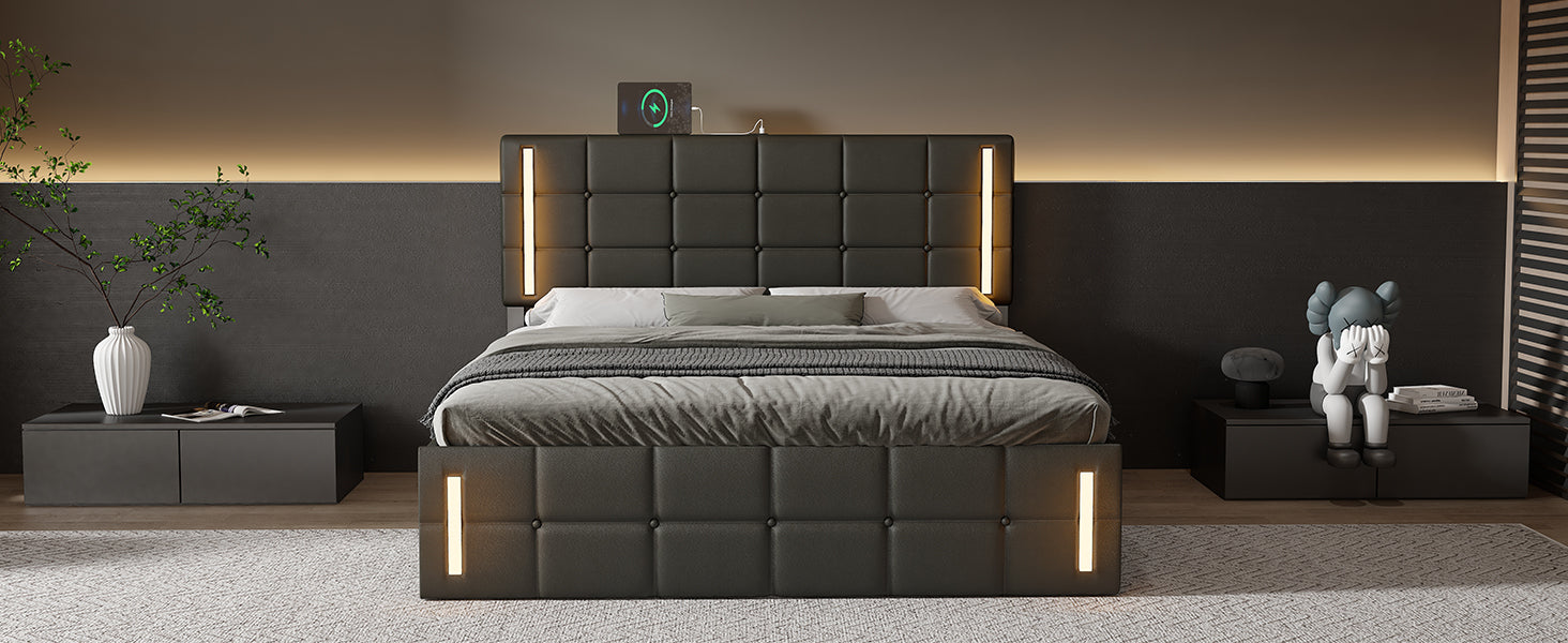 Queen Size Upholstered Bed with LED Lights,Hydraulic Storage System and USB Charging Station,Black