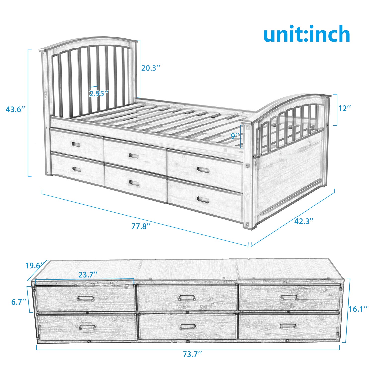 Orisfur. Twin Size Platform Storage Bed Solid Wood Bed with 6 Drawers