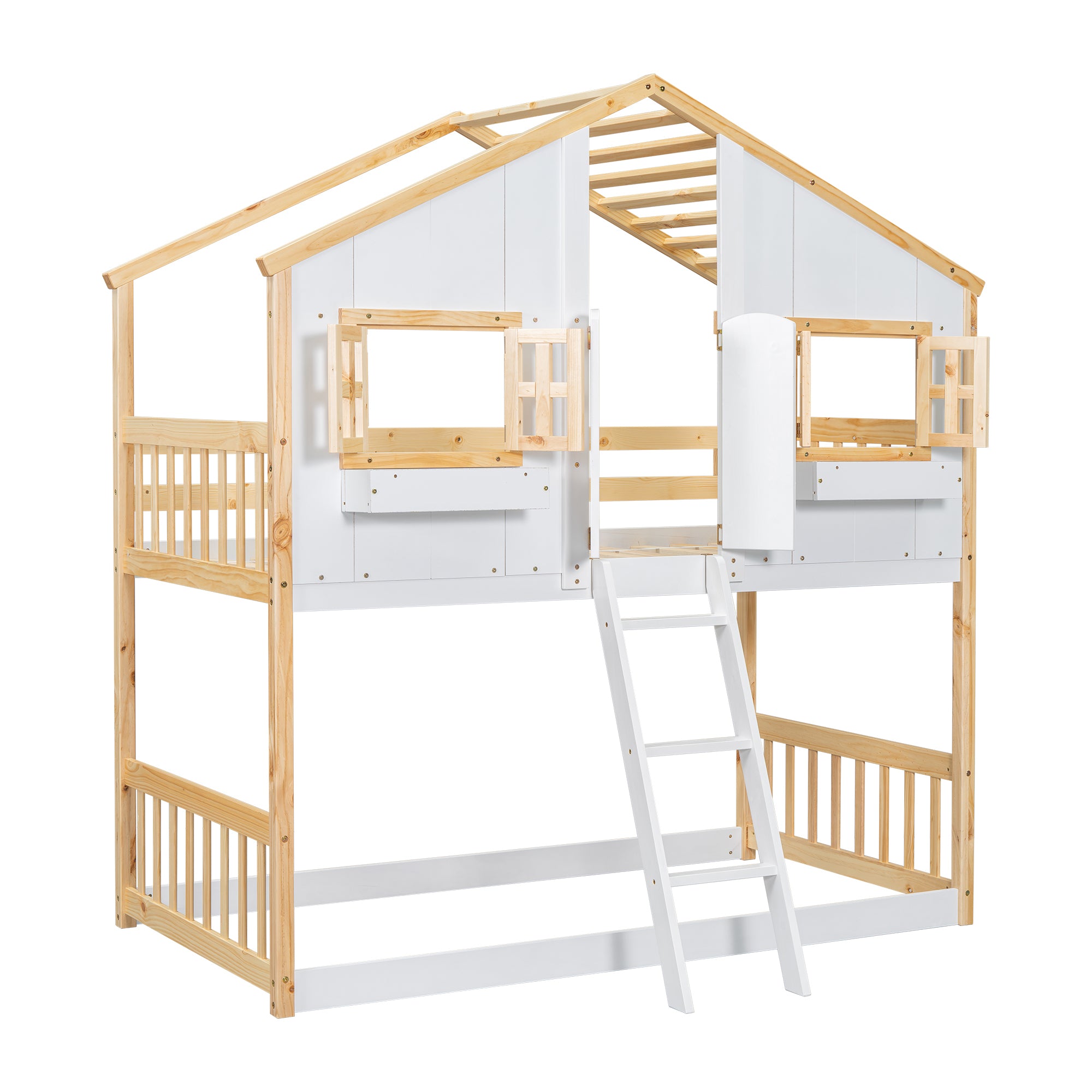 Twin over Twin House Bunk Bed with Roof , Window, Window  Box, Door , with Safety Guardrails and Ladder, Natural/White