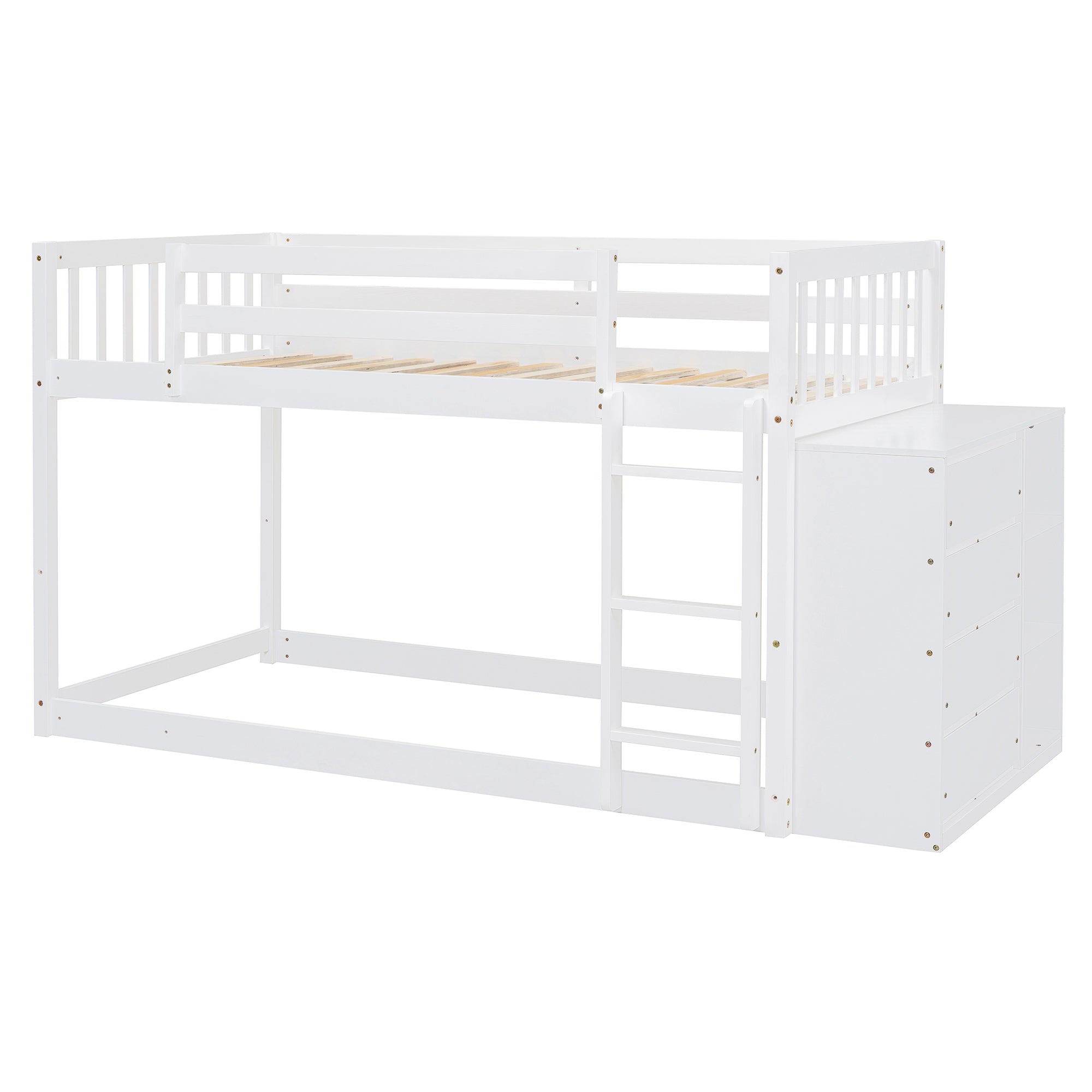 Twin over Twin Bunk Bed with 4 Drawers and 3 Shelves-White