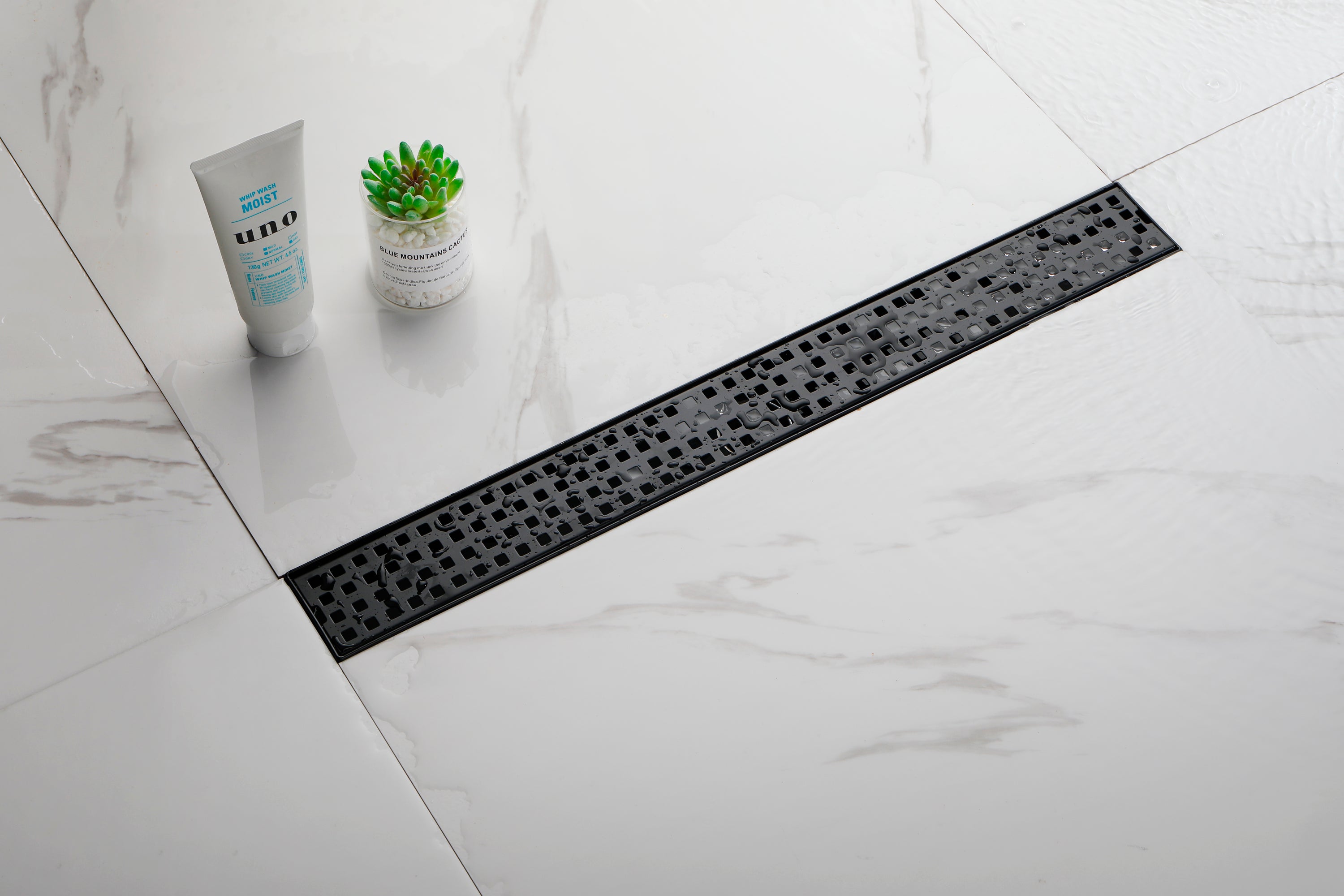 24 Inches Linear Shower Drain with Removable Quadrato Pattern Grate, 304 Stainless Shower Drain  Included Hair Strainer and Leveling Feet