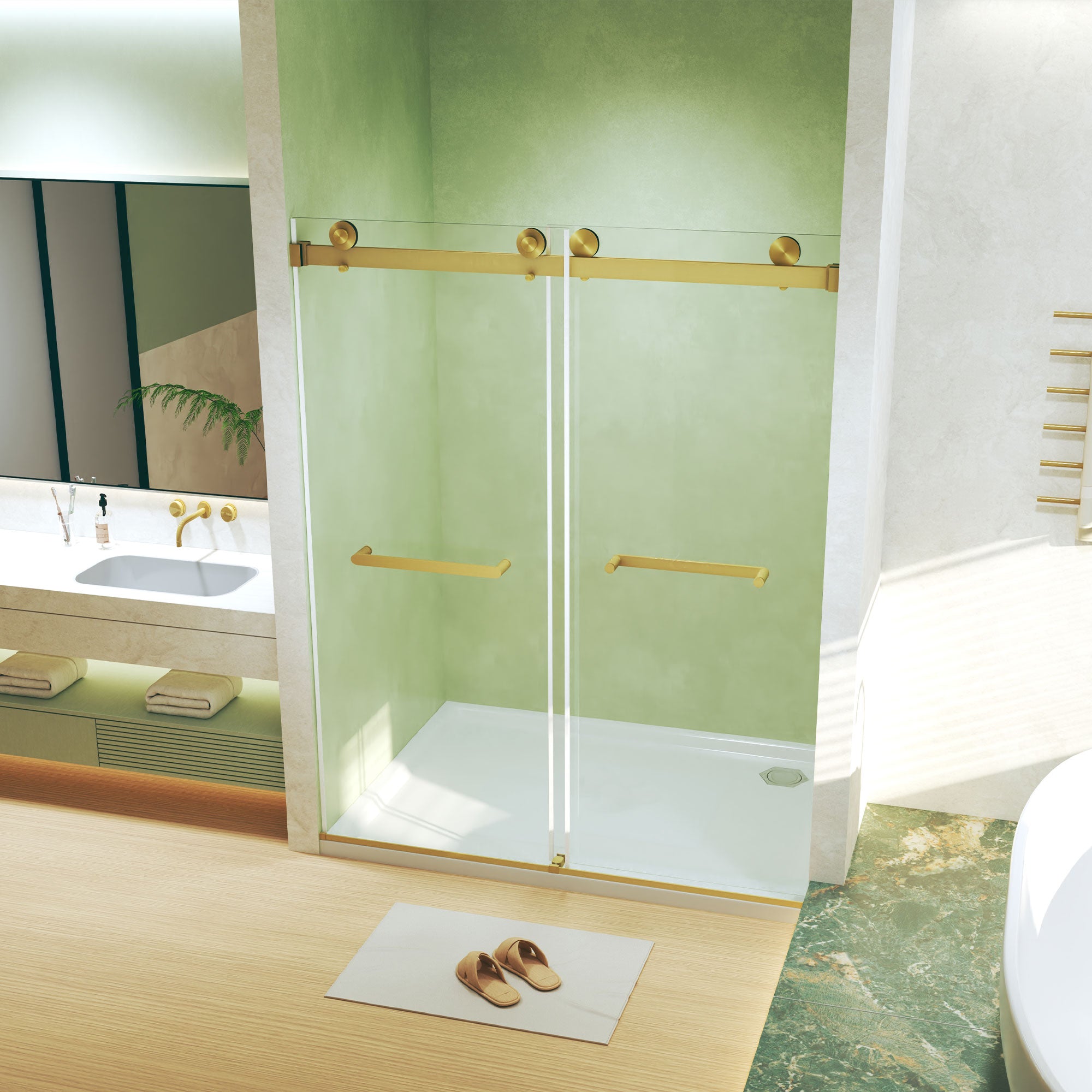 56-60 x 74 in Frameless Double Sliding Square-Tube Shower Door - 56-60 x 74 in / Brushed Gold / Square Tube view 3
