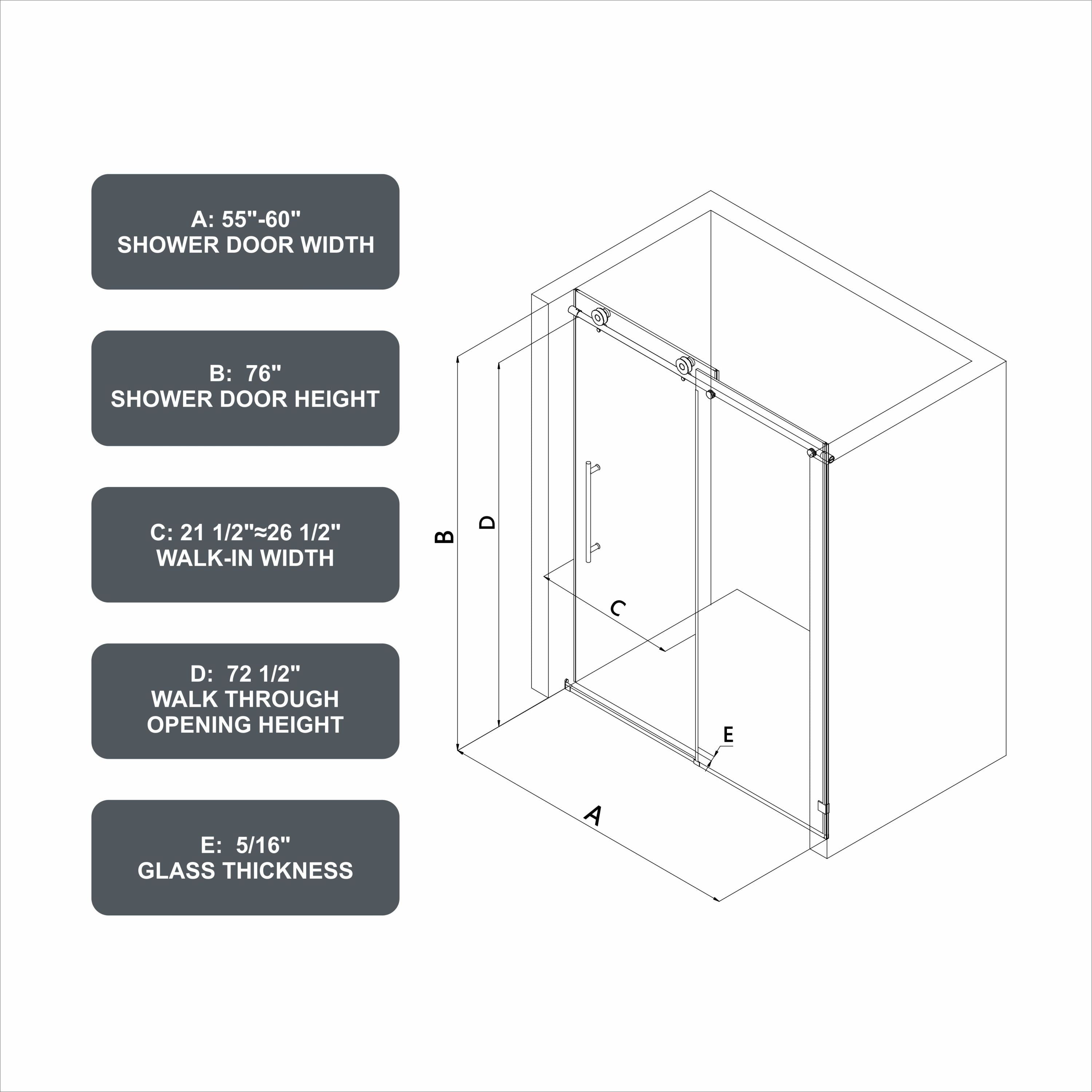 60"W x 76"H Brushed Nickel frameless one fixed and one shifted Shower Door, 70MM 304 stainless steel large pulleys with adjustable soft closing function,nano easy cleaning,stick explosion-proof menbrance