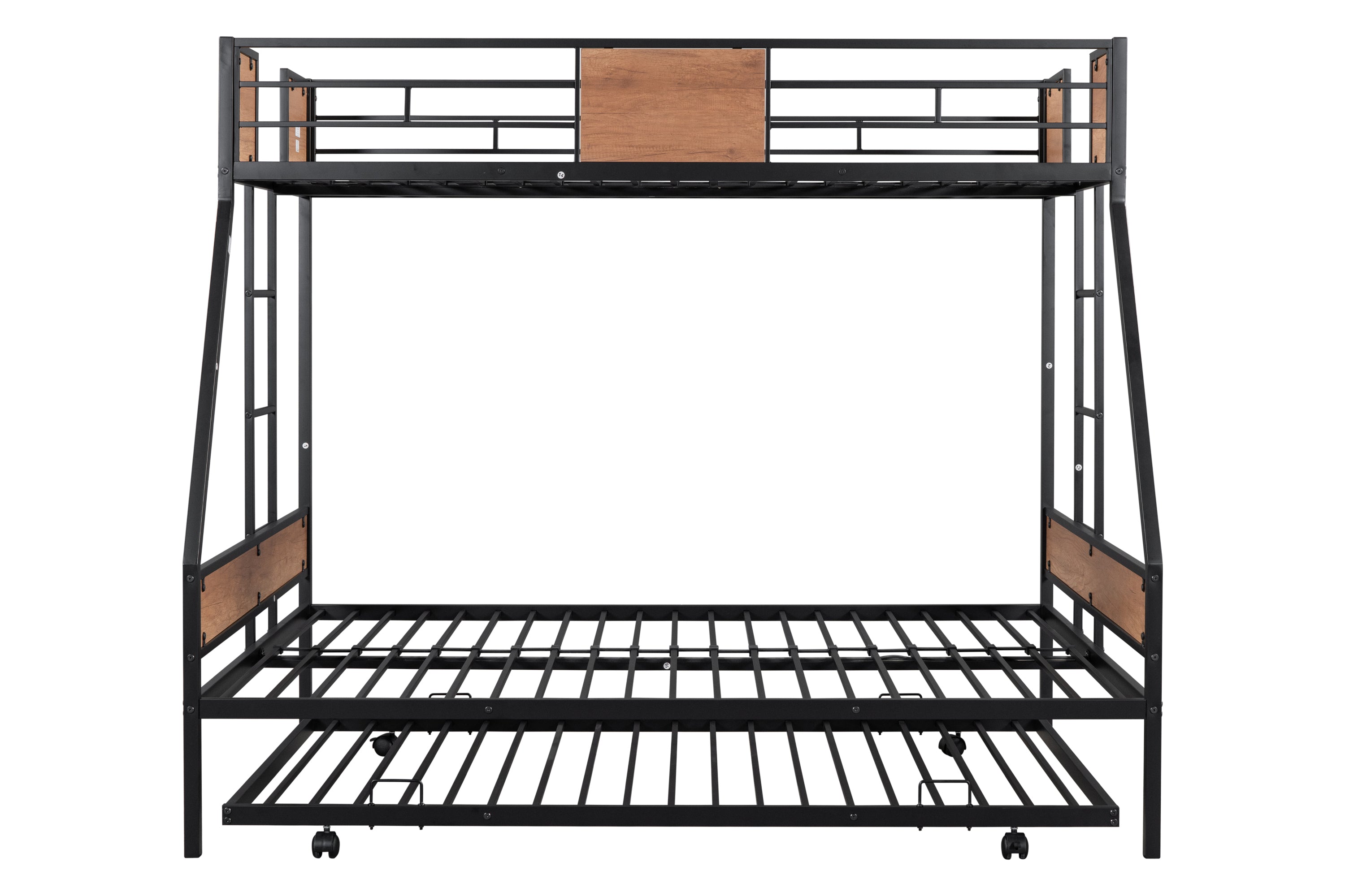 Metal Twin over Full Bunk Bed with Trundle/ Heavy-duty Sturdy Metal/ Noise Reduced/ Safety Guardrail/ Wooden Decoration/ Convenient Trundle / Bunk Bed for Three/ CPC Certified/ No Box Spring Needed