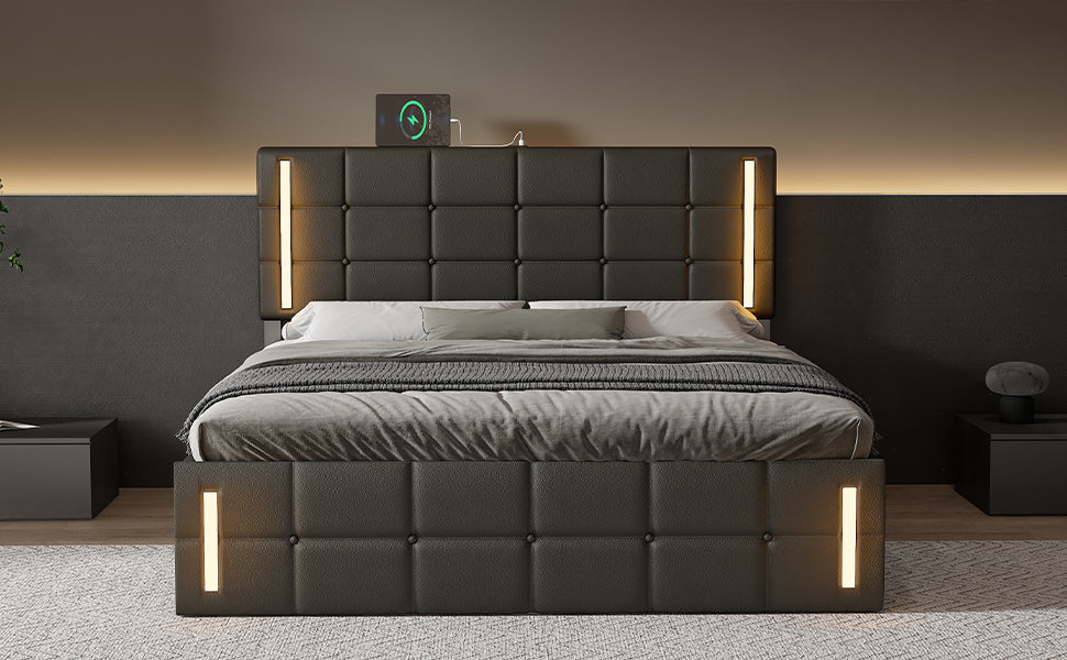 Queen Size Upholstered Bed with LED Lights,Hydraulic Storage System and USB Charging Station,Black