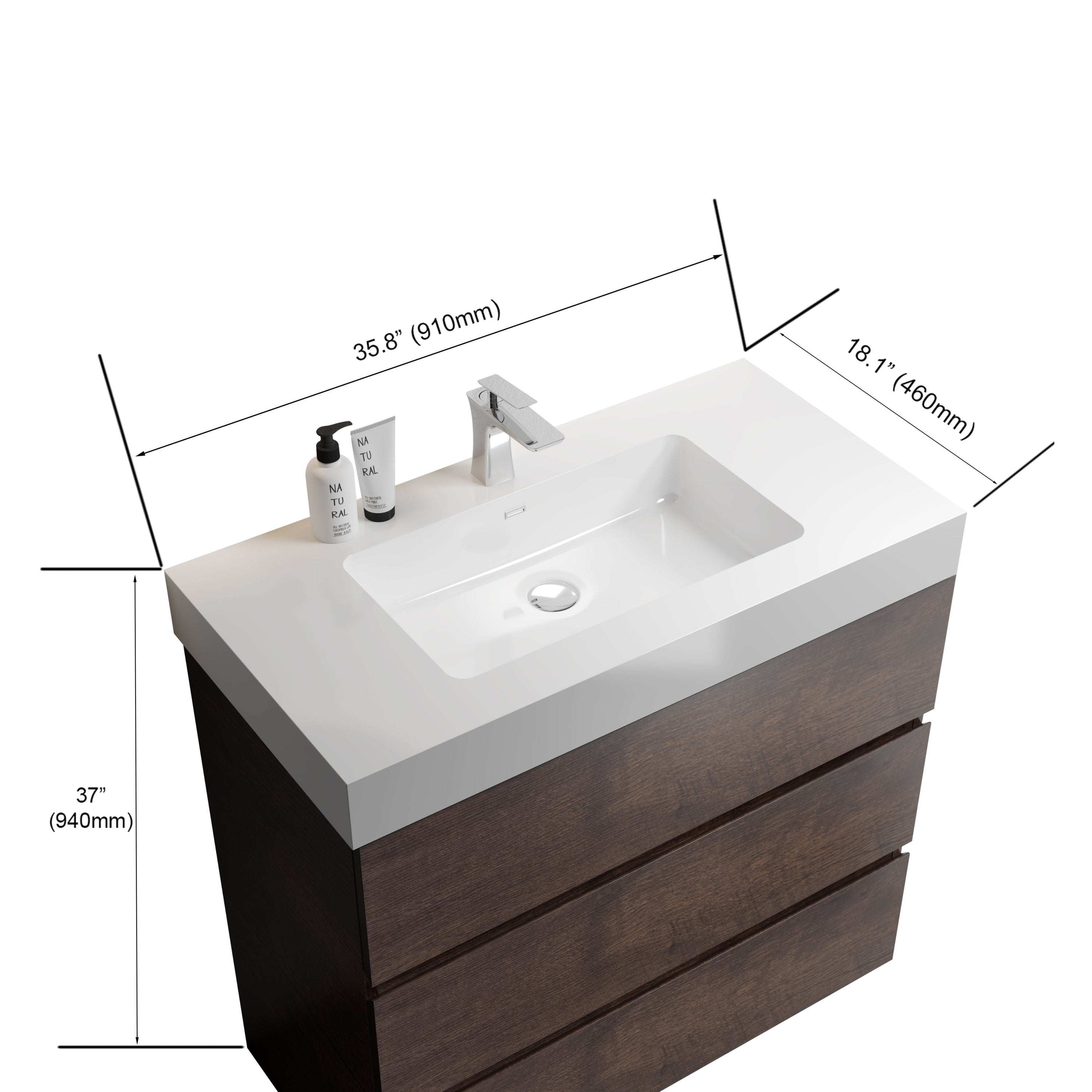 Alice 36" Walnut Bathroom Vanity with Sink, Large Storage Freestanding Bathroom Vanity for Modern Bathroom, One-Piece White Sink Basin without Drain and Faucet, Pre-assembled