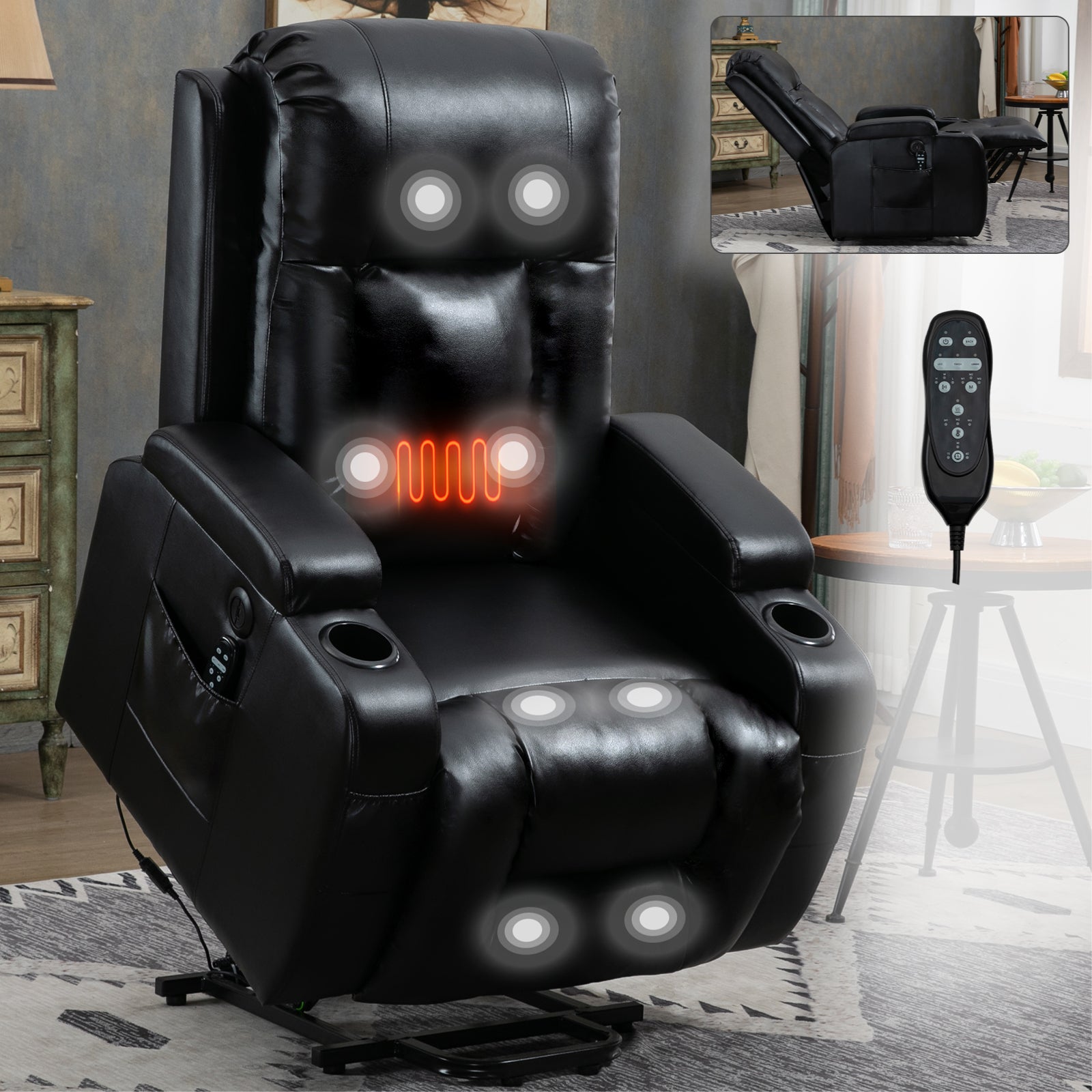 Infinite Position Up to 350 LBS Power Lift Recliner Chair for Elderly, Heavy Duty Motion Mechanism with 8-Point Vibration Massage and Lumbar Heating, USB Charging Port, Cup Holders, Black