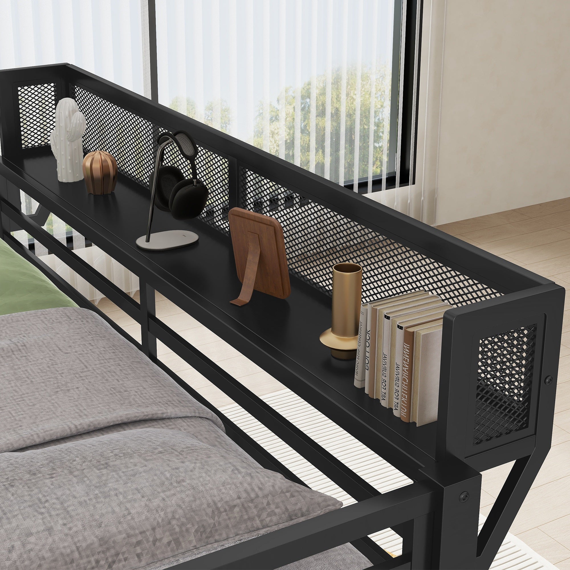 Black metal bunk bed slat support detail
