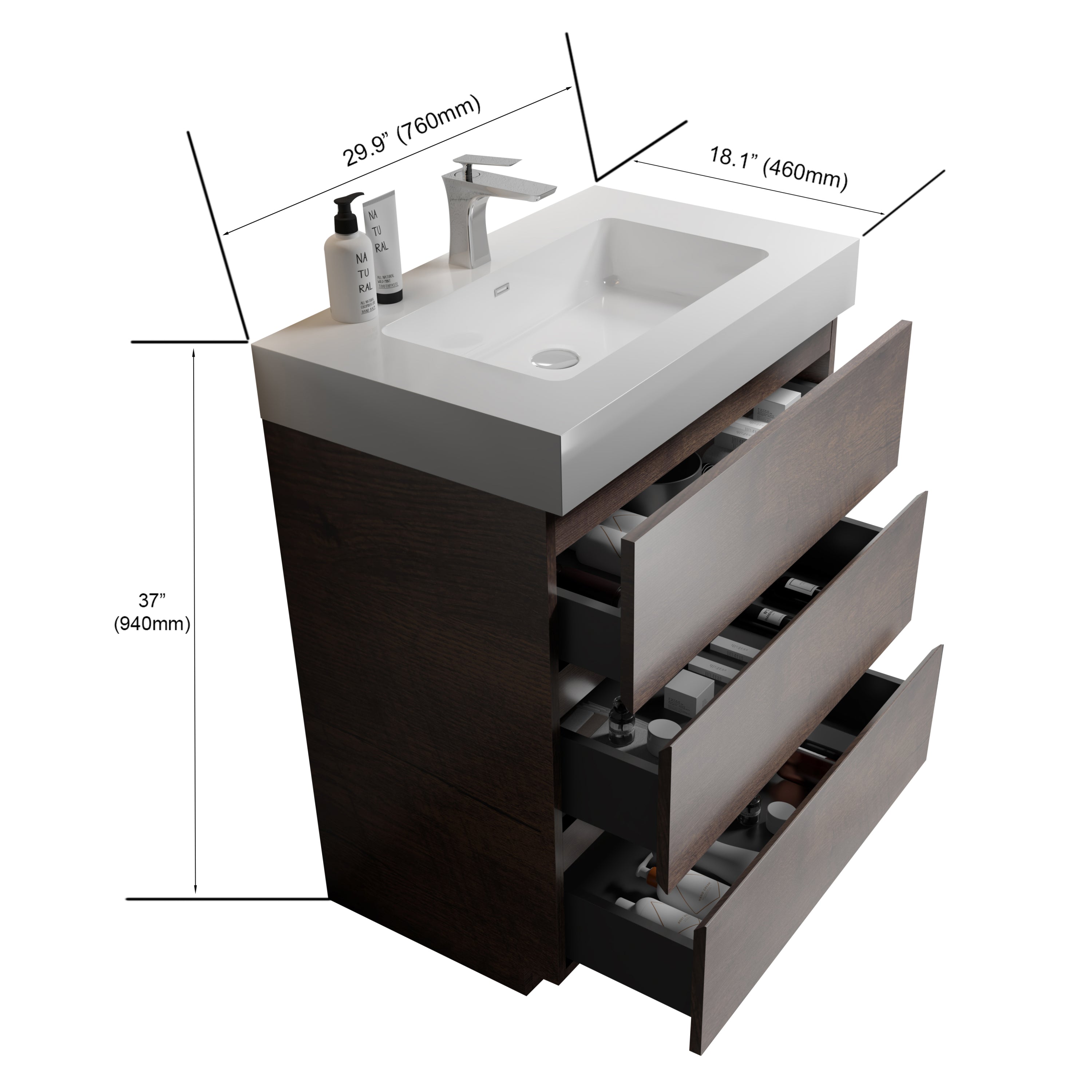 Alice 30" Walnut Bathroom Vanity with Sink, Large Storage Freestanding Bathroom Vanity for Modern Bathroom, One-Piece White Sink Basin without Drain and Faucet, Pre-assembled