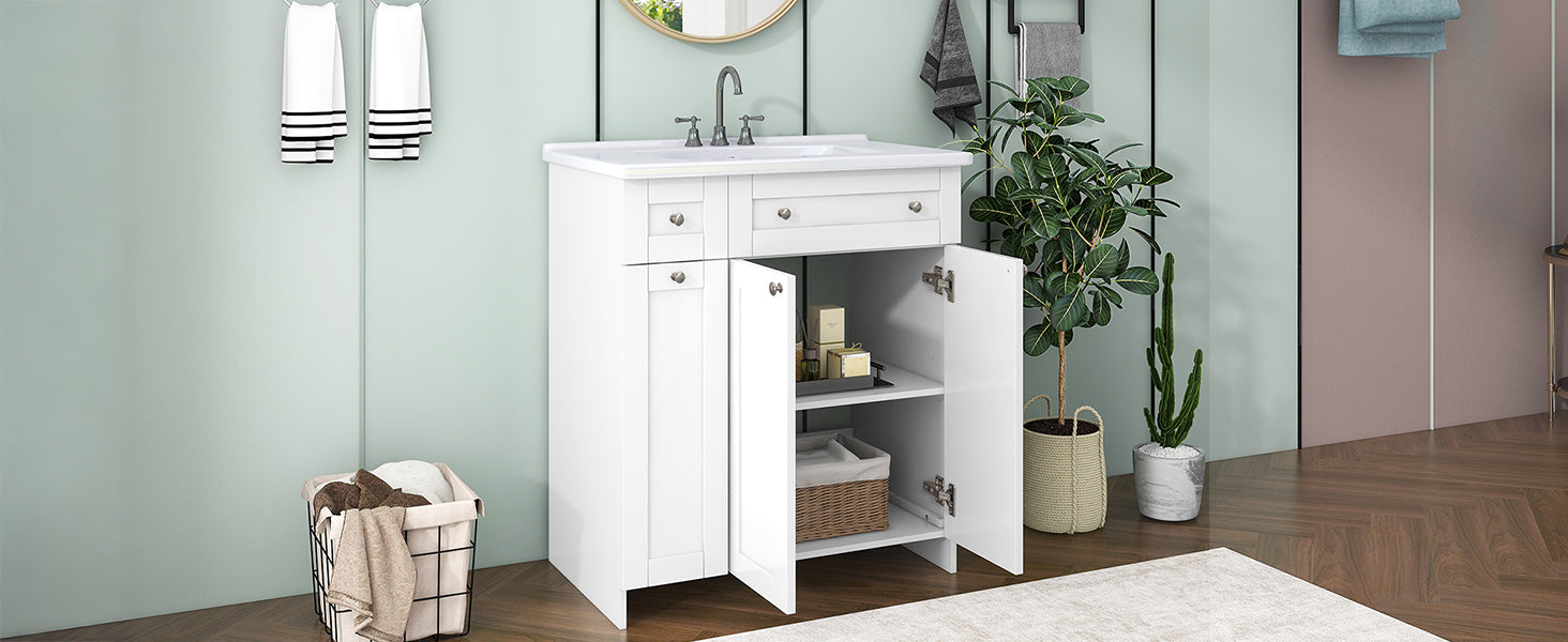 30-Inch White Bathroom Vanity with Ceramic Sink Combo, Abundant Storage Cabinet - 2 Soft close Doors and Double-tier Deep Drawer