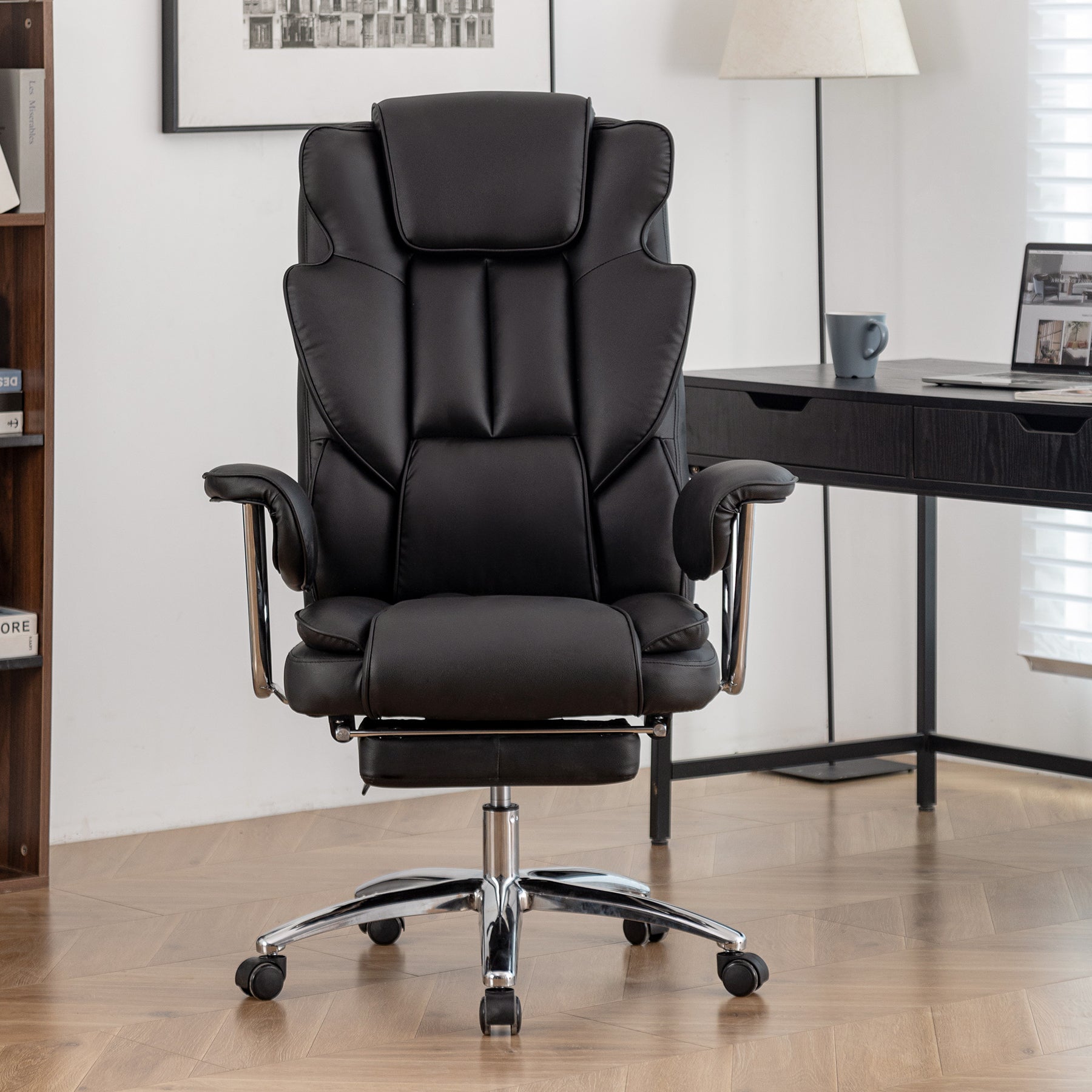 Office Chair, Big and Tall Executive Office Chair with Footrest, Leather Computer Chair, Ergonomic Reclining Chair High Back, Large Home Office Chair (Black)