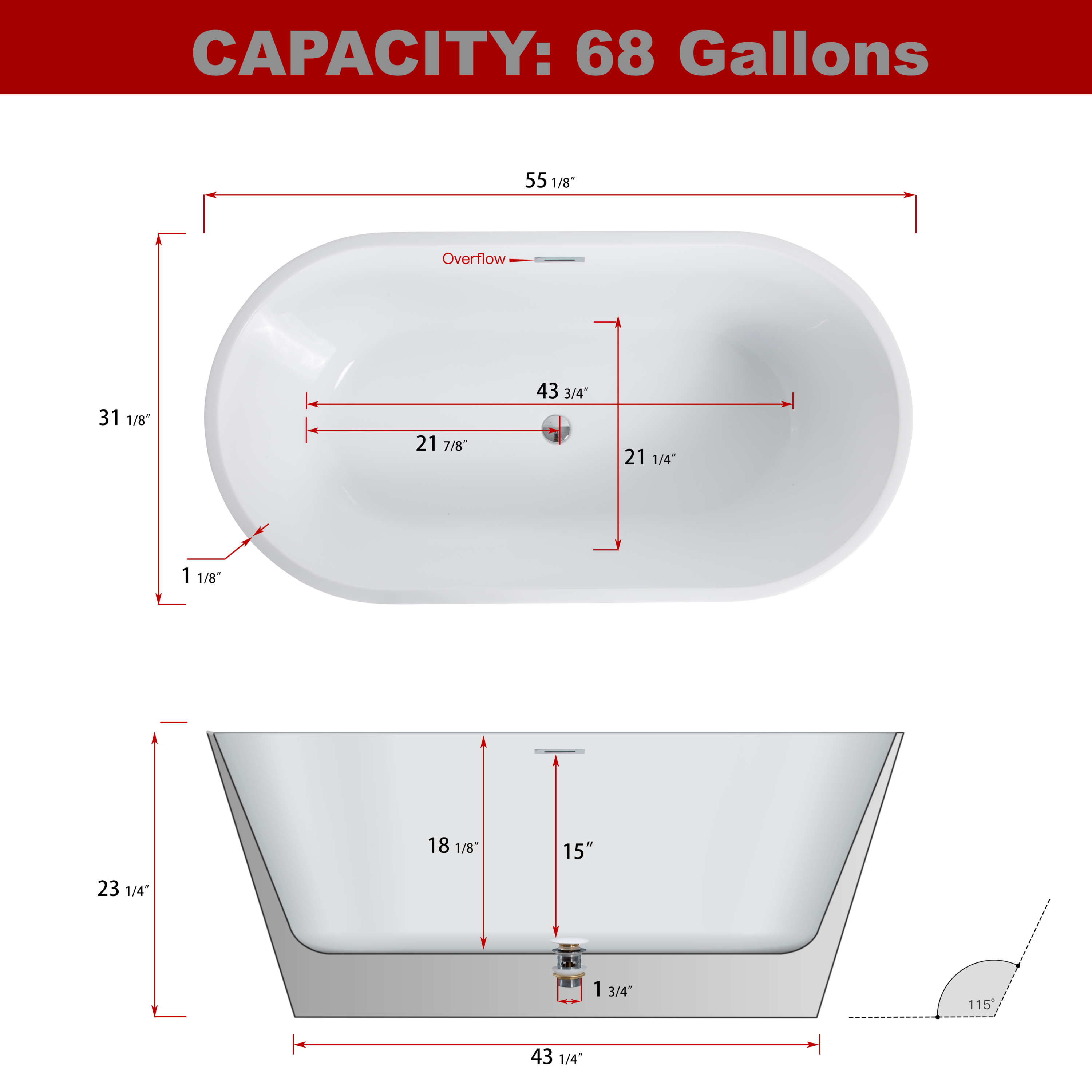 55" Acrylic Freestanding Bathtub, Contemporary Soaking Tub with Chrome Overflow and Drain in High-Gloss White Finish, CUPC Certified for Quality Assurance 55.12" * 31.1",  22A02-55