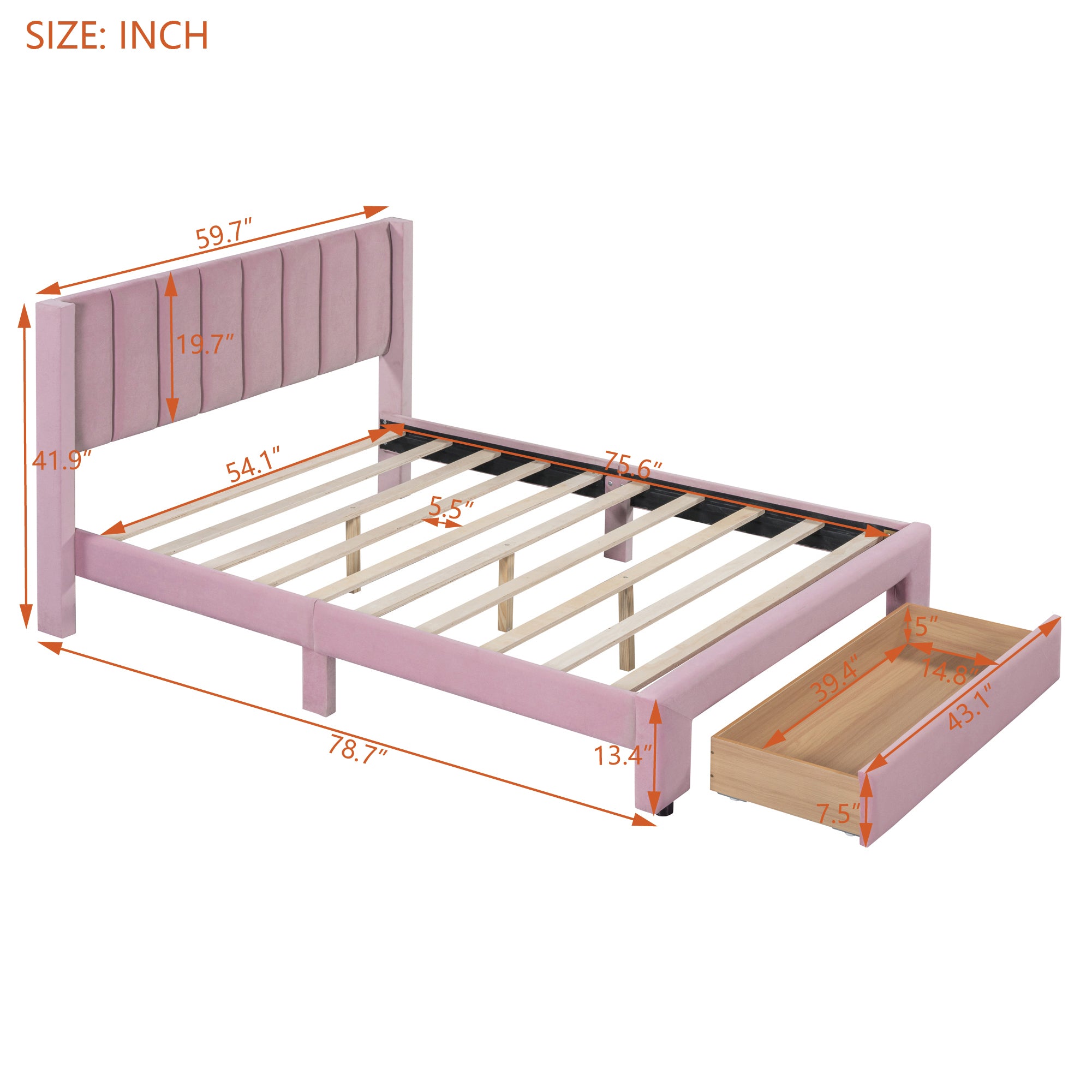 Full Size Storage Bed Velvet Upholstered Platform Bed with a Big Drawer - Pink(old sku:WF296850AAH)