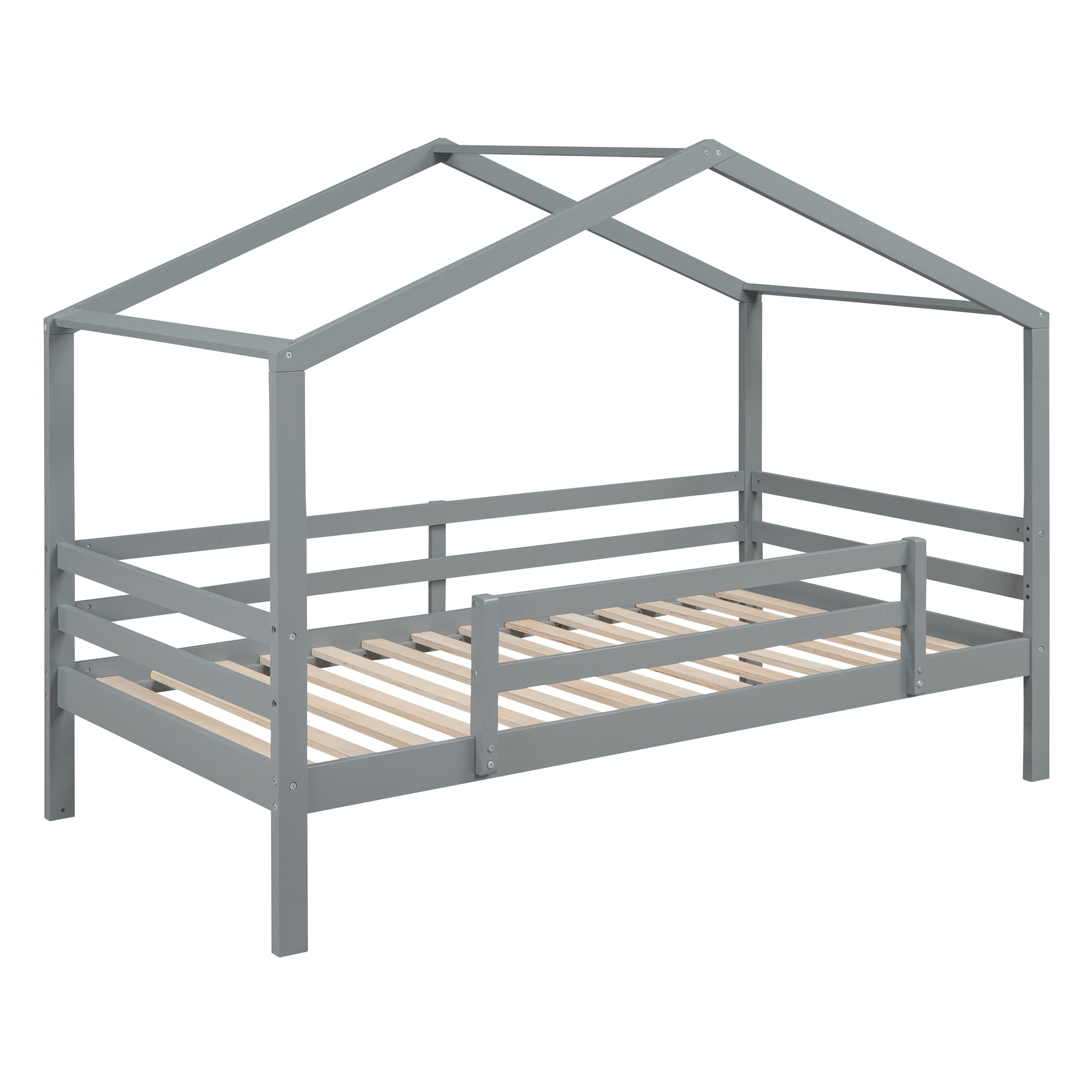 Twin Over Twin Bunk Bed with Roof, Slide and Ladder, Gray