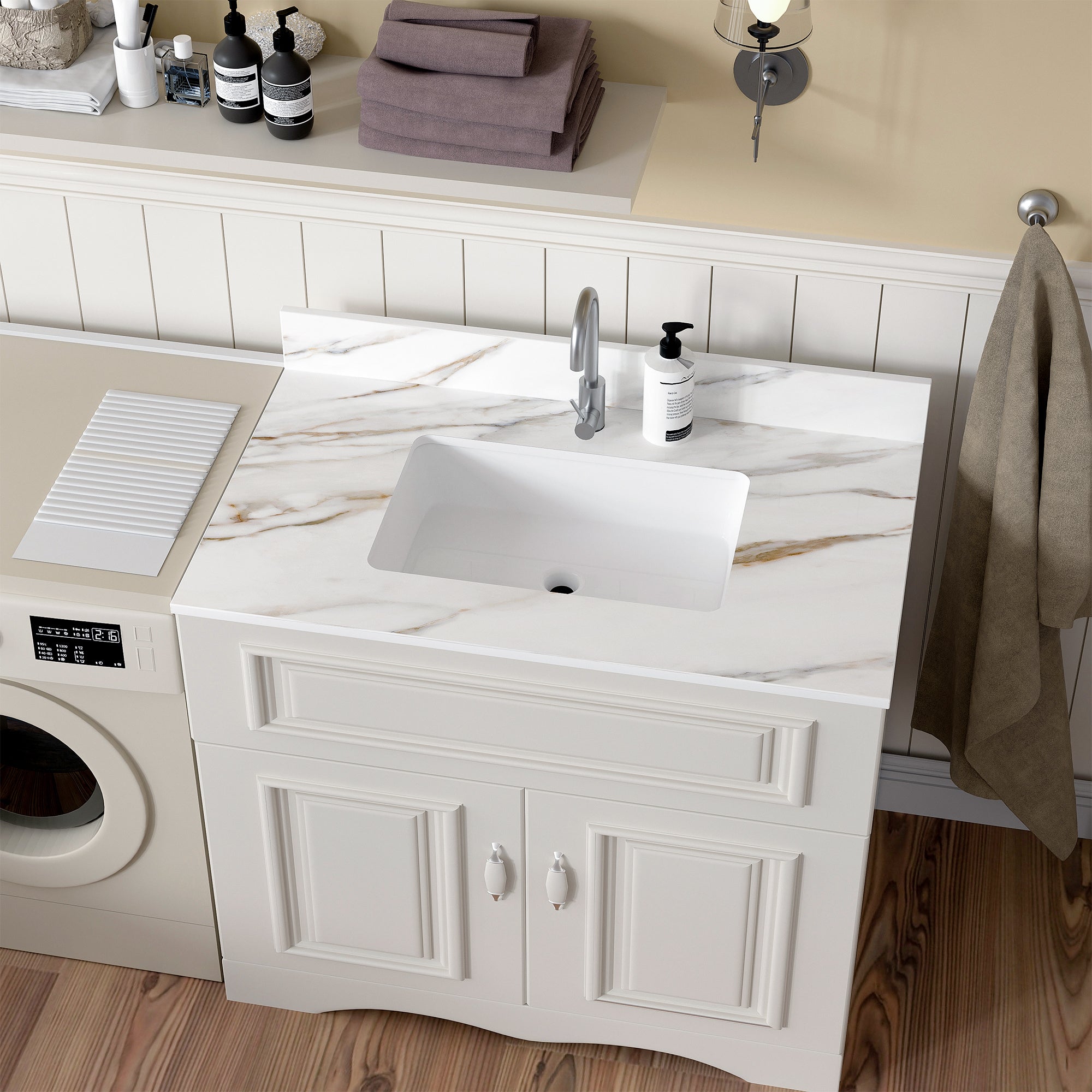 37 Inch Marble Vanity Top, Bathroom Vanity Top with Undermount Rectangular Middle Sink and 4" Height Backsplash, Pre-Drilled  Faucet Hole  Vanity Top, Carrara white with veins