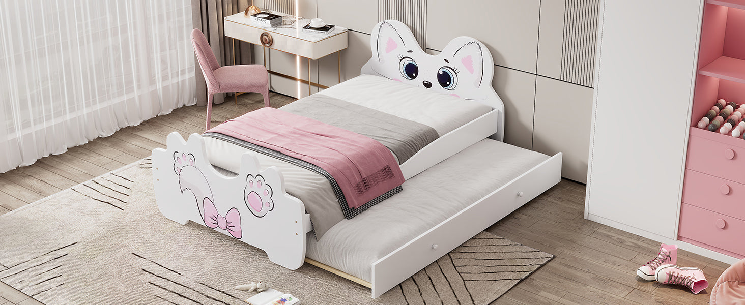 Cartoon Twin Size Platform Bed with Trundle, White