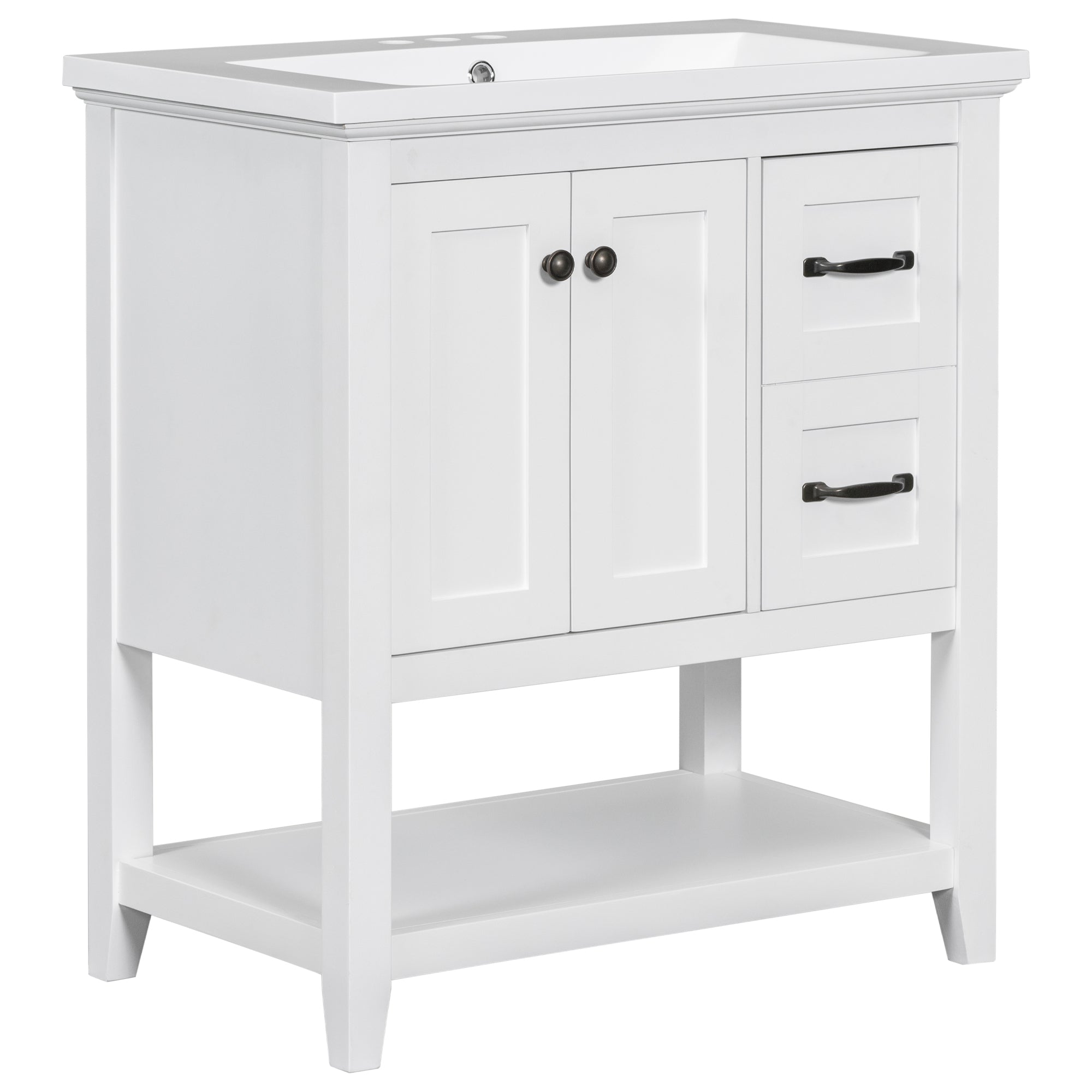 30" Bathroom Vanity with Ceramic Sink Top, Vanity Cabinet with Multi-Functional Drawer, Solid Wood Legs, White