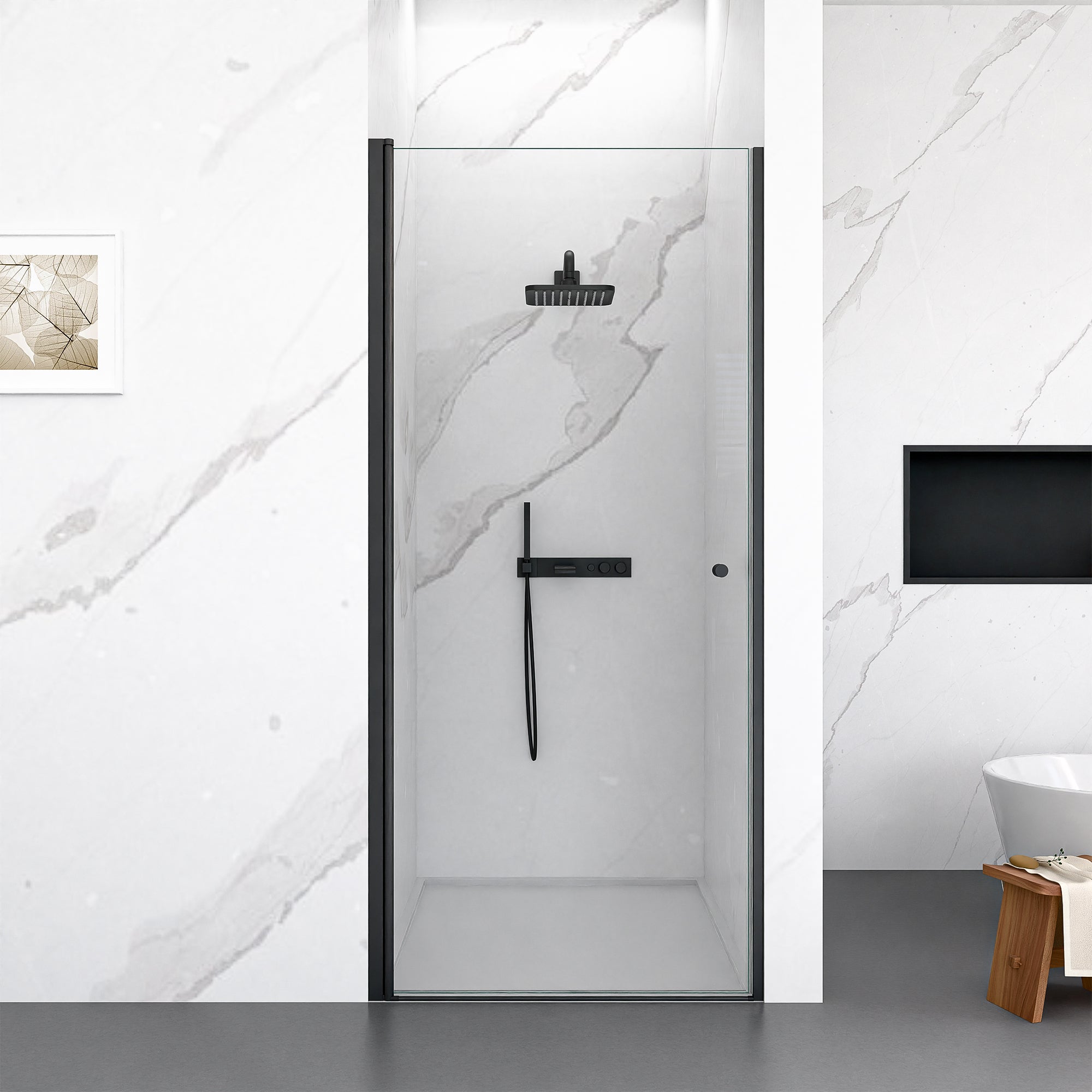 Frameless pivot shower door 32 in by 72 in matte black front view