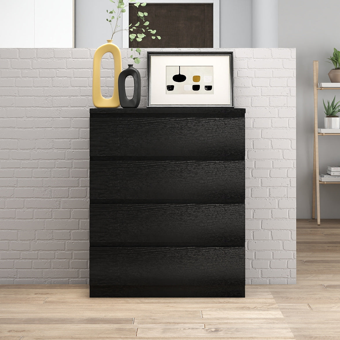 Black handle-free chest of drawers, side profile view