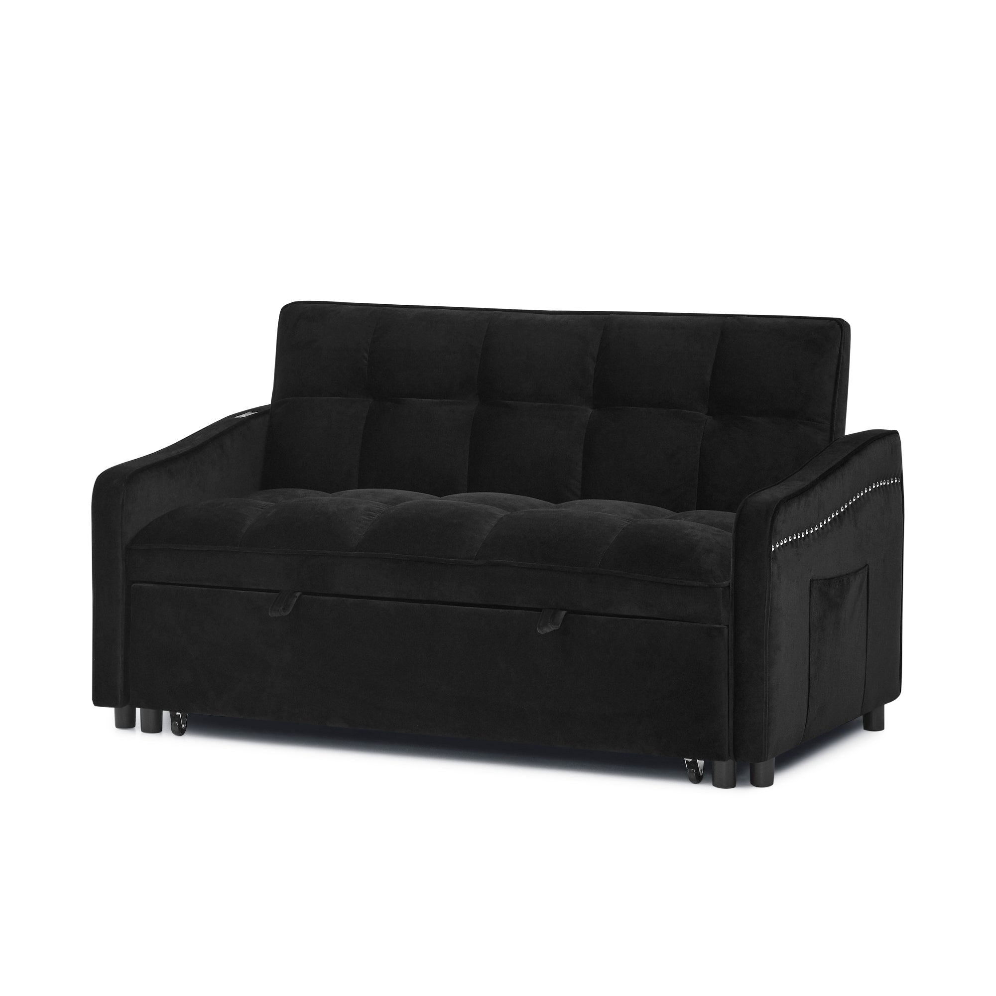 Loveseats Sofa Bed with Pull-out Bed,Adjsutable Back and Two Arm Pocket,TypeC and USB Charging with Copper nail,Black (47"x53"x31")