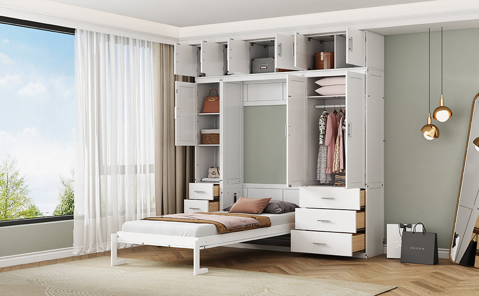 Twin Size Murphy Bed with Lockers and Wardrobes, With installation video, White