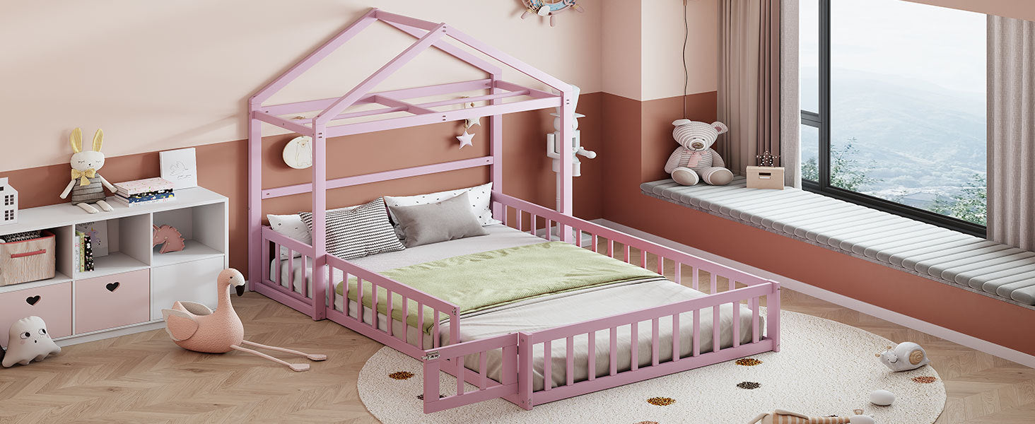 Wooden Floor Bed with Fence Railings and Detachable House Shape Headboard,Full Size Bed with Kids Dress Up Rack, Kids Montessori Style Playhouse Frame for Girls Boys, Pink