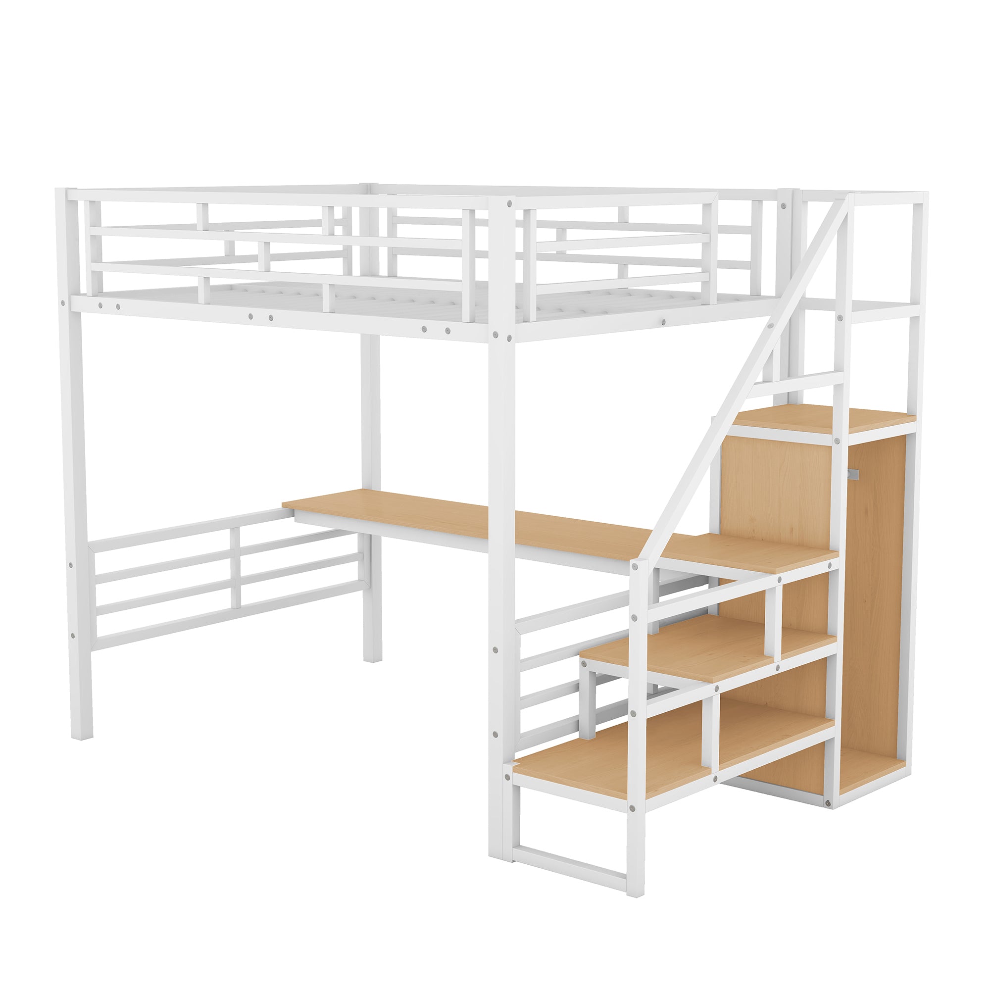 Full Size Metal Loft Bed with Desk, Storage Staircase and Small Wardrobe, Storage stairs can be installed left and right, White