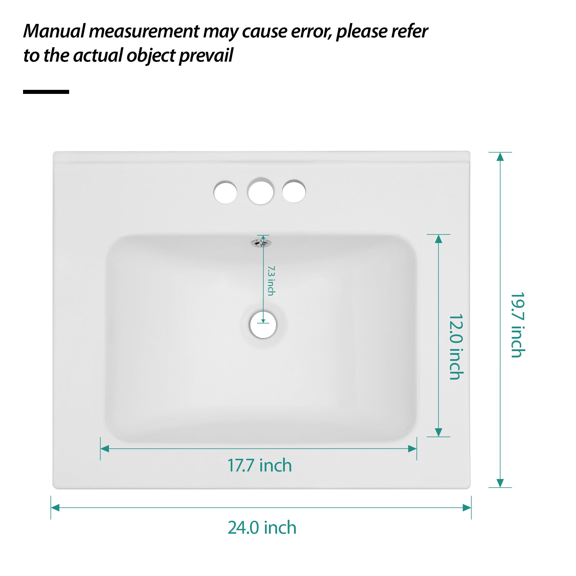 24"x19.7" White Rectangular Single Vanity Top with 3 Faucet Hole and Overflow(Sink Only)