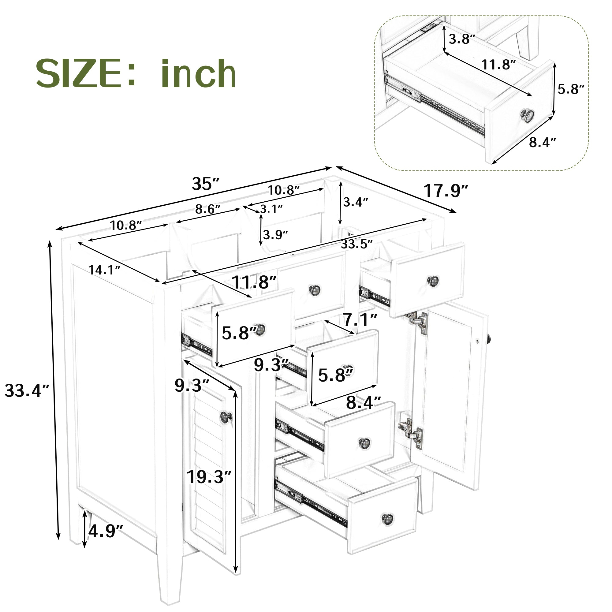 36" Bathroom Vanity without Sink, Cabinet Base Only, Two Cabinets and Five Drawers, Solid Wood Frame, White