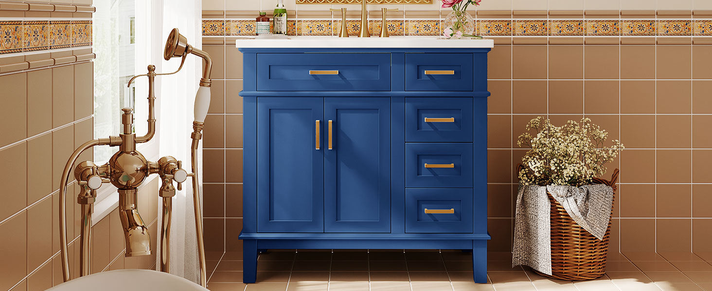 36-inch Bathroom Vanity with Resin Sink, Modern Bathroom Cabinet in Blue, Featuring Two Soft Close Doors and Four Drawers