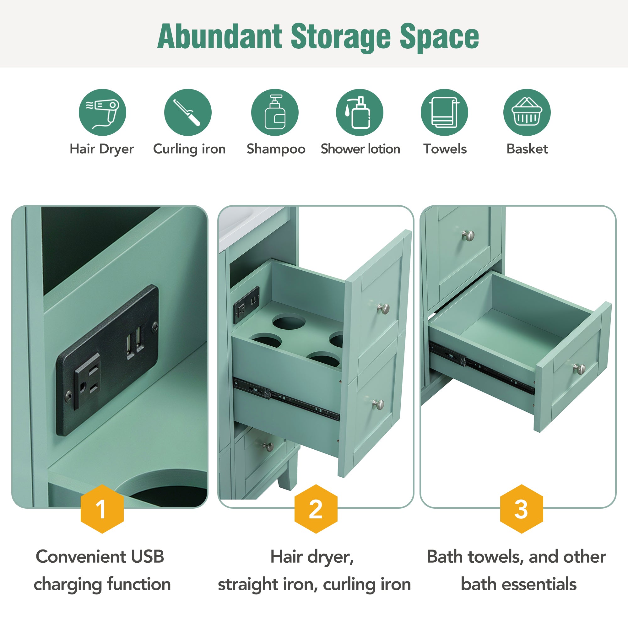 36 Inch Modern Bathroom Vanity with USB Charging, Two Doors and Three Drawers Bathroom Storage Vanity Cabinet, Small Bathroom Vanity cabinet with single sink , Green - Faucets Not Included