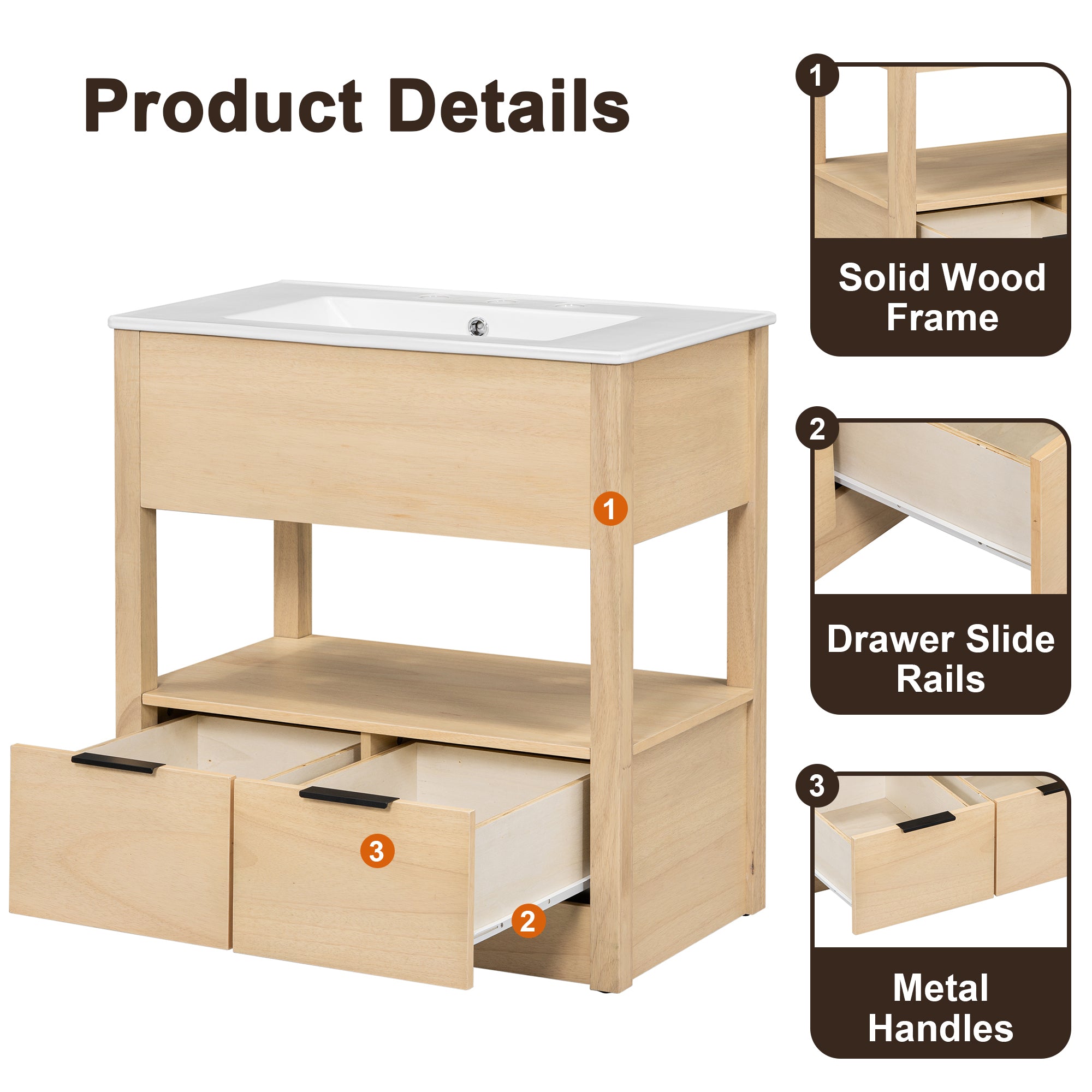 30" Bathroom Vanity with Sink Top, Bathroom Cabinet with Open Storage Shelf and Two Drawers, One Package, Natural (Old Sku:WF311619AAD)