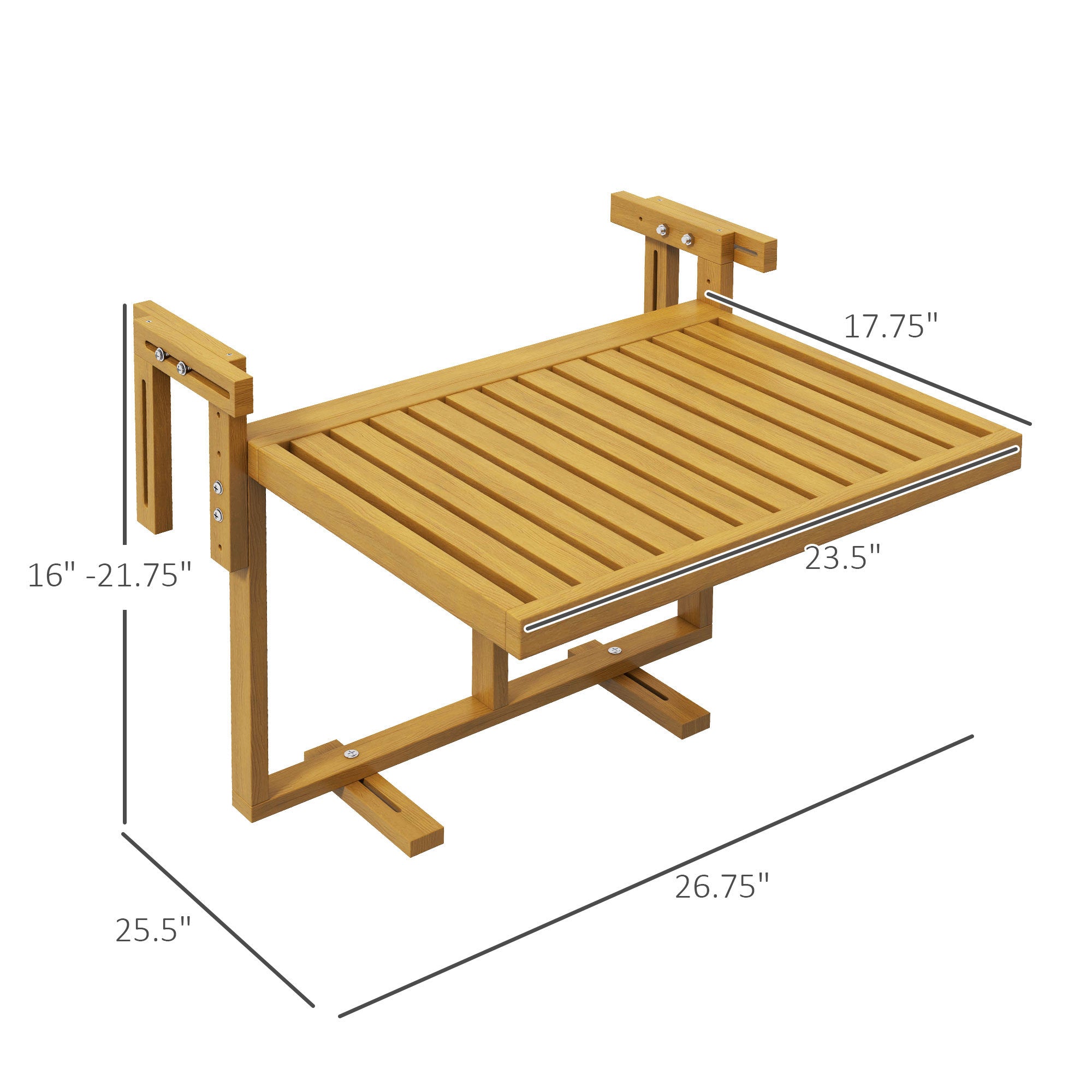 Outsunny Balcony Railing Table, Outdoor Folding Hanging Table / Desk, Space Saving 4 Height Adjustable Wood Balcony Bar Table for Serving Food, Flower Stand, Studying, Natural