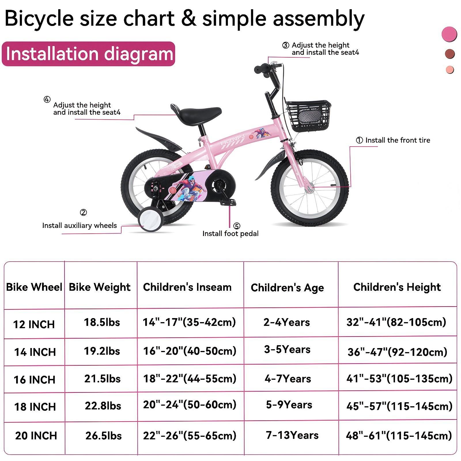 FKZNPJ 16 inch sporty kids bike with training wheels and stand Adjustable saddle Suitable for boys and girls aged 4-8 years tall Height 41-46 inches Available in a variety of colors